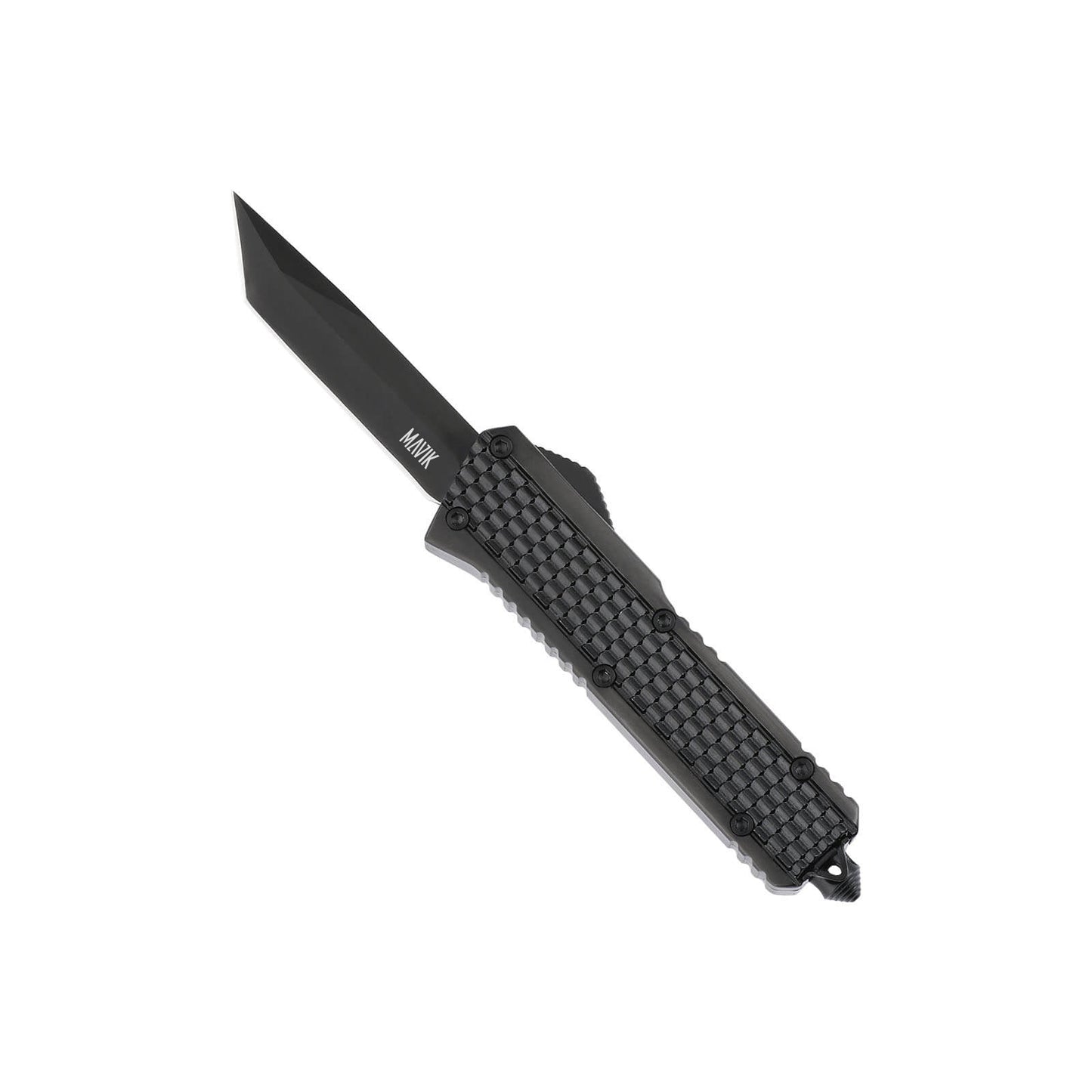 Oran Small OTF knife with dual-action, tanto blade and textured Zinc Alloy handle for secure grip.