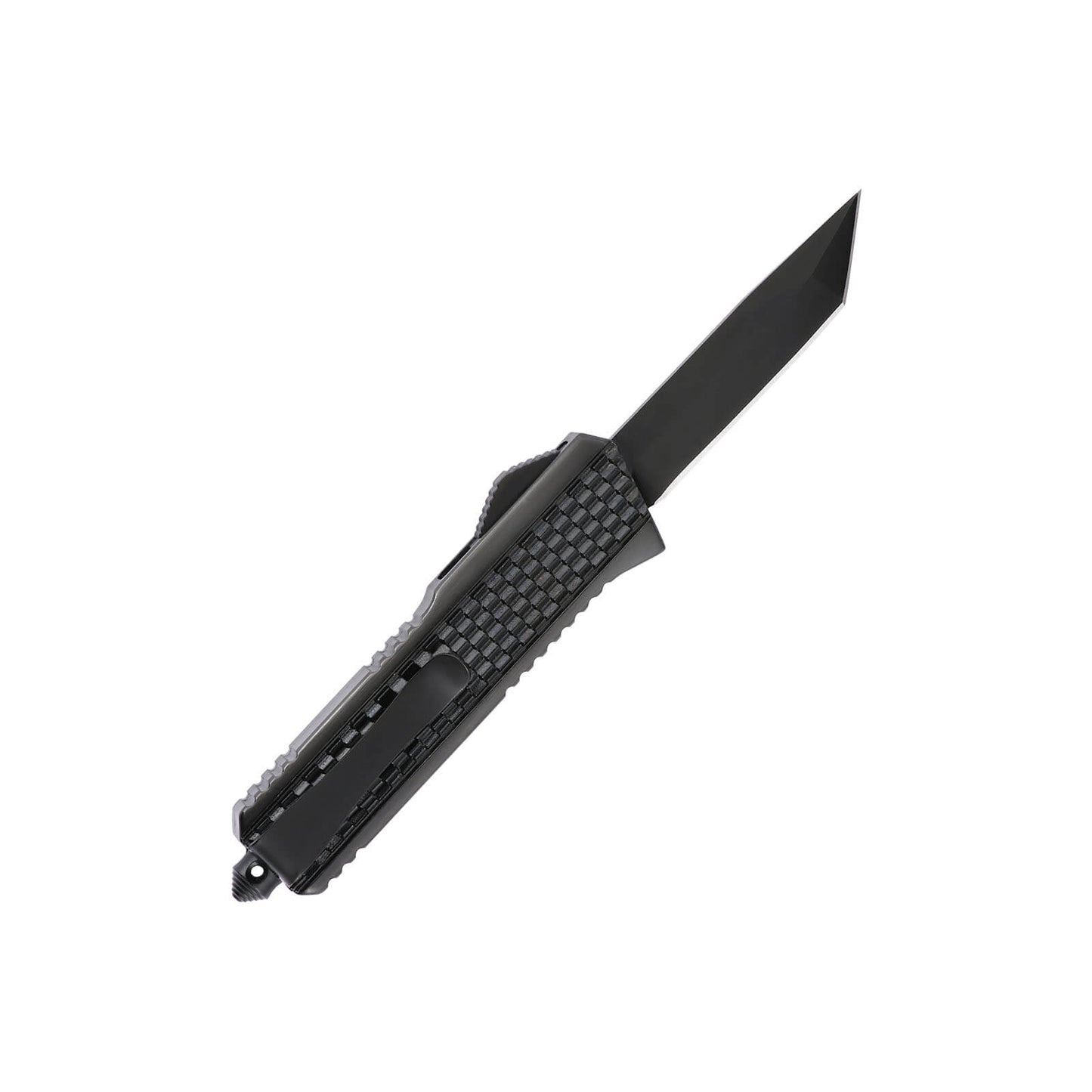 Oran Small OTF knife with dual-action, tanto blade and textured Zinc Alloy handle for secure grip.