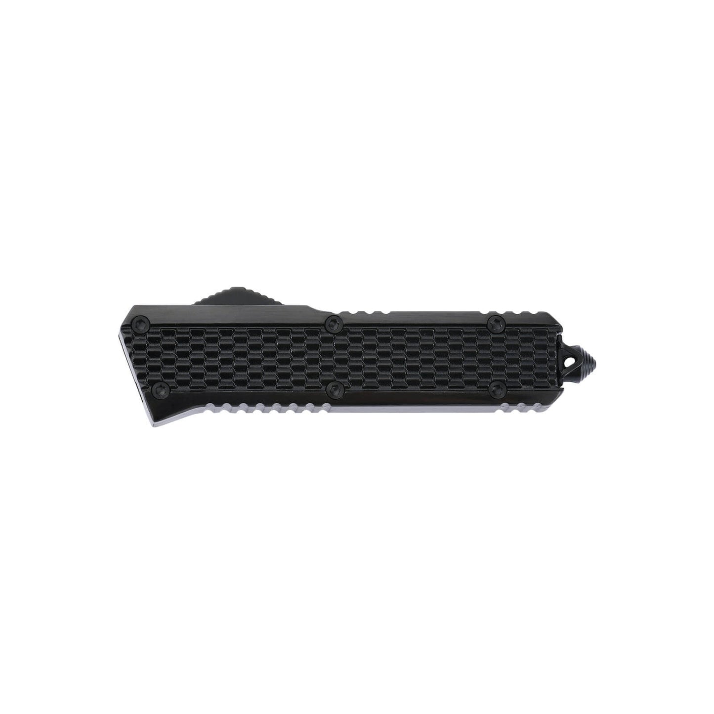 Oran Small OTF knife with dual-action, tanto blade and textured Zinc Alloy handle for secure grip.