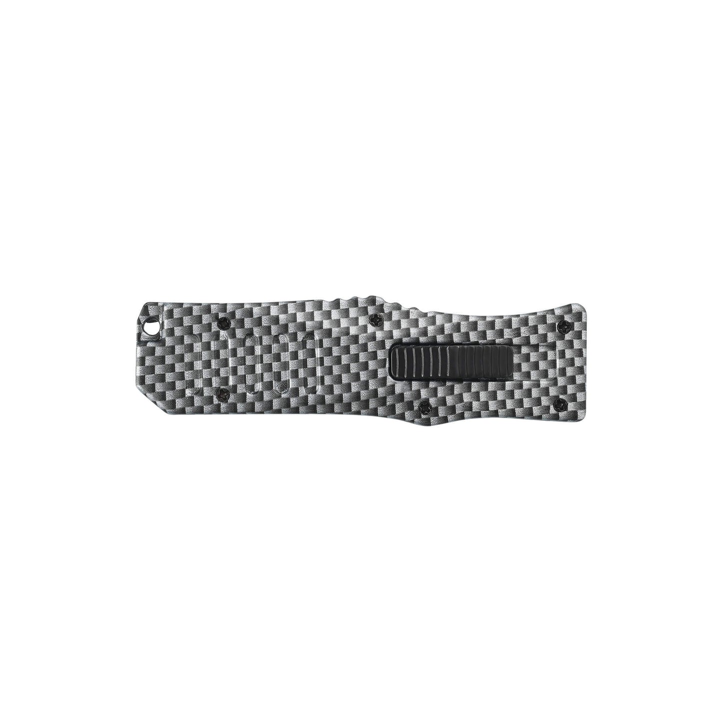 Carbon Automatic OTF knife Rabid from Mavik Gear with spear point blade, Zinc alloy handle, button lock and lanyard hole.
