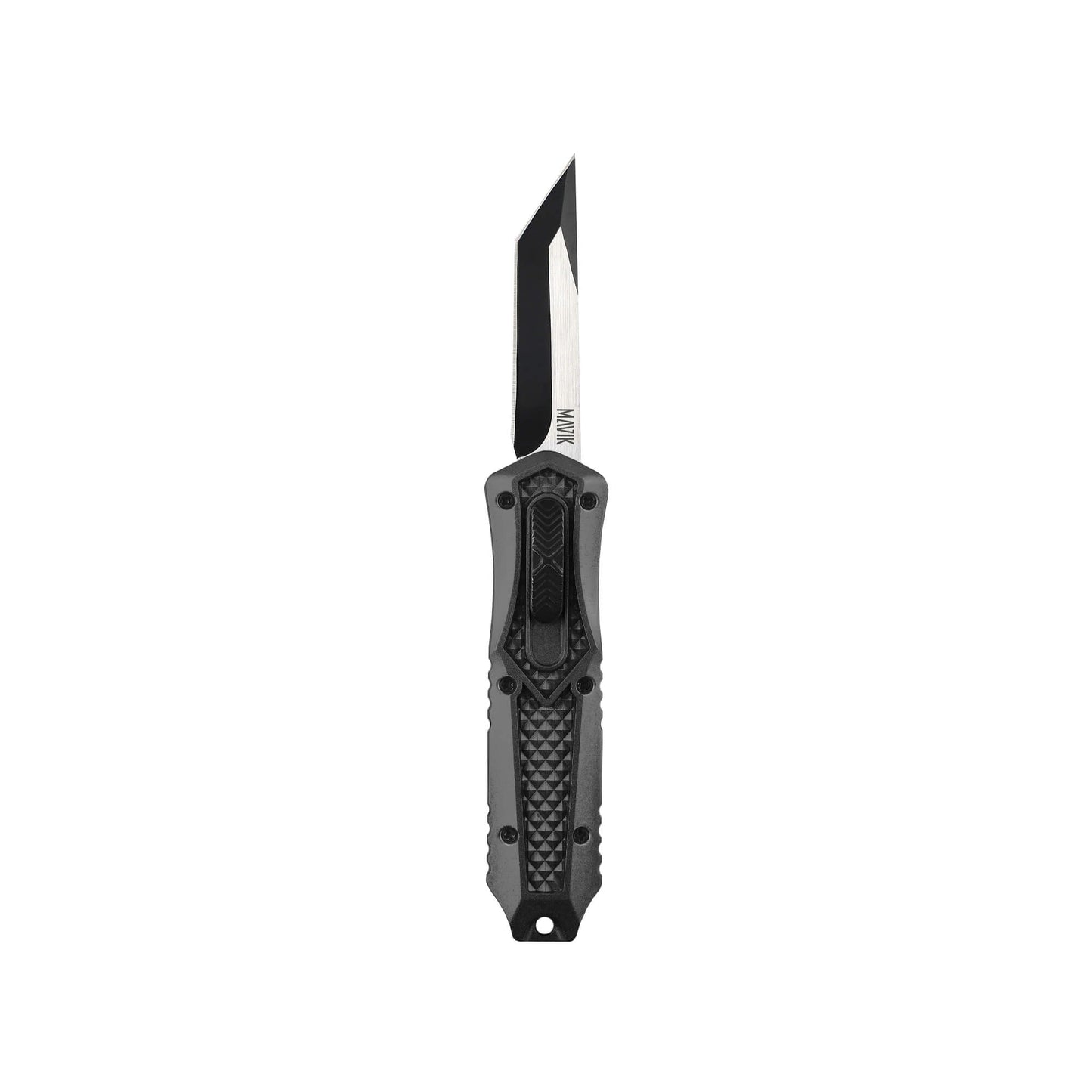 Black Automatic OTF knife Relik from Mavik Gear with american tanto blade, Zinc alloy handle, button lock and lanyard hole.