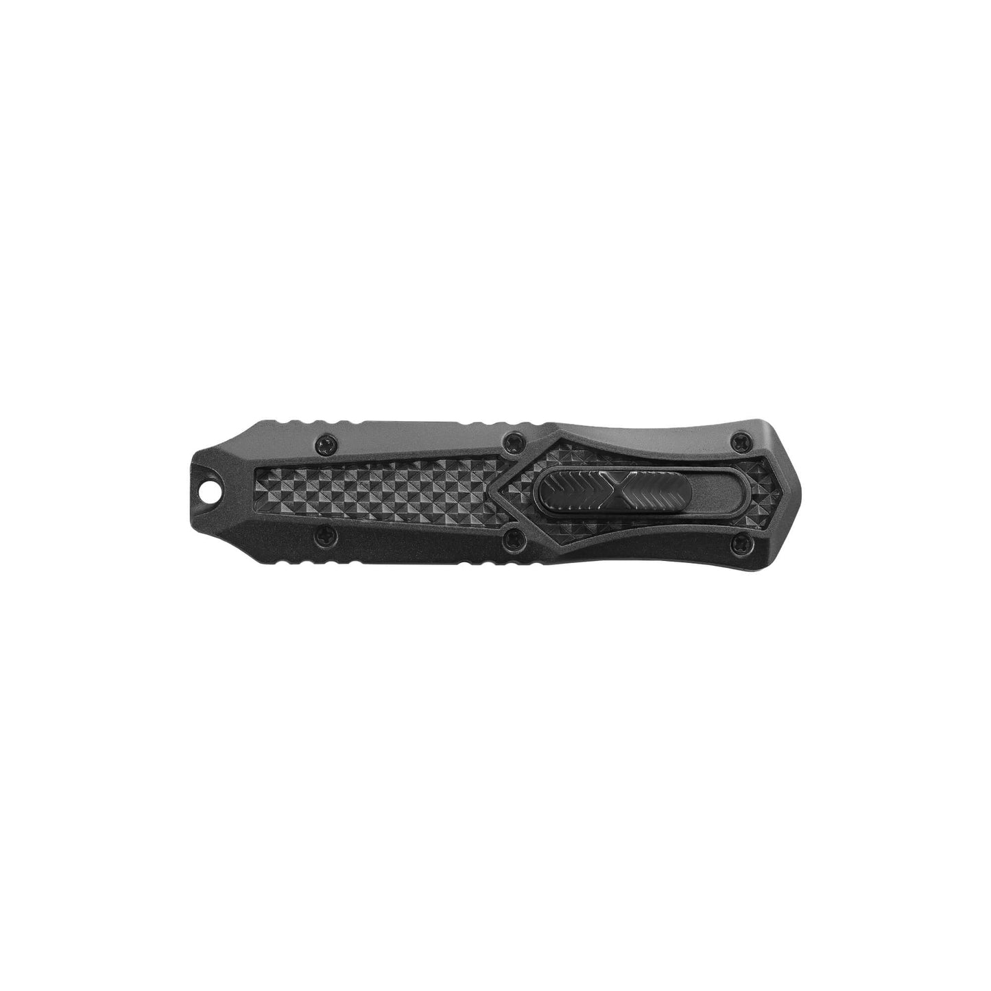 Black Automatic OTF knife Relik from Mavik Gear with american tanto blade, Zinc alloy handle, button lock and lanyard hole.