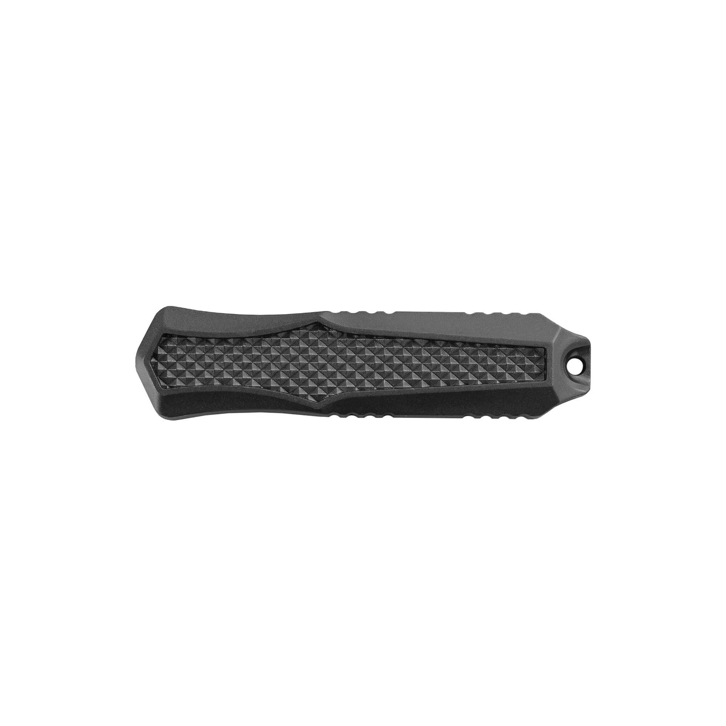 Black Automatic OTF knife Relik from Mavik Gear with american tanto blade, Zinc alloy handle, button lock and lanyard hole.