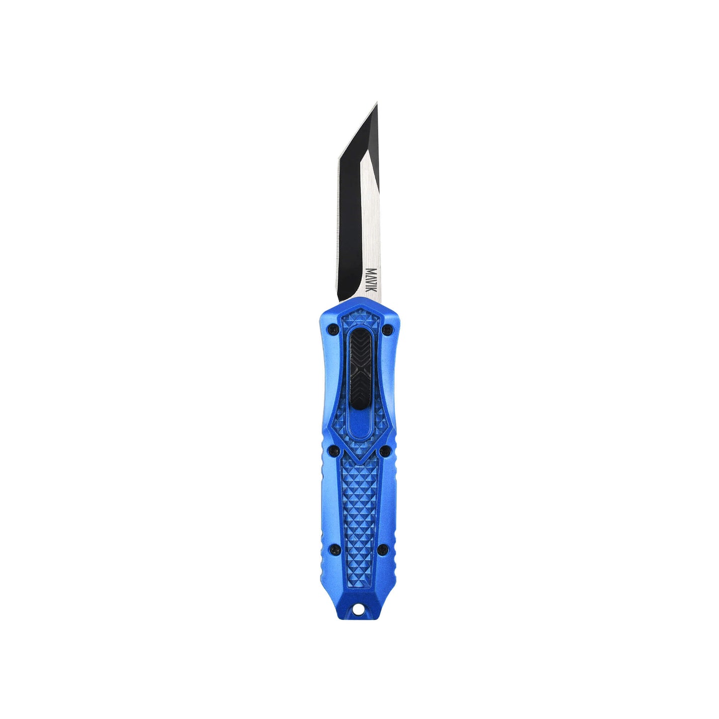 Blue Automatic OTF knife Relik from Mavik Gear with american tanto blade, Zinc alloy handle, button lock and lanyard hole.