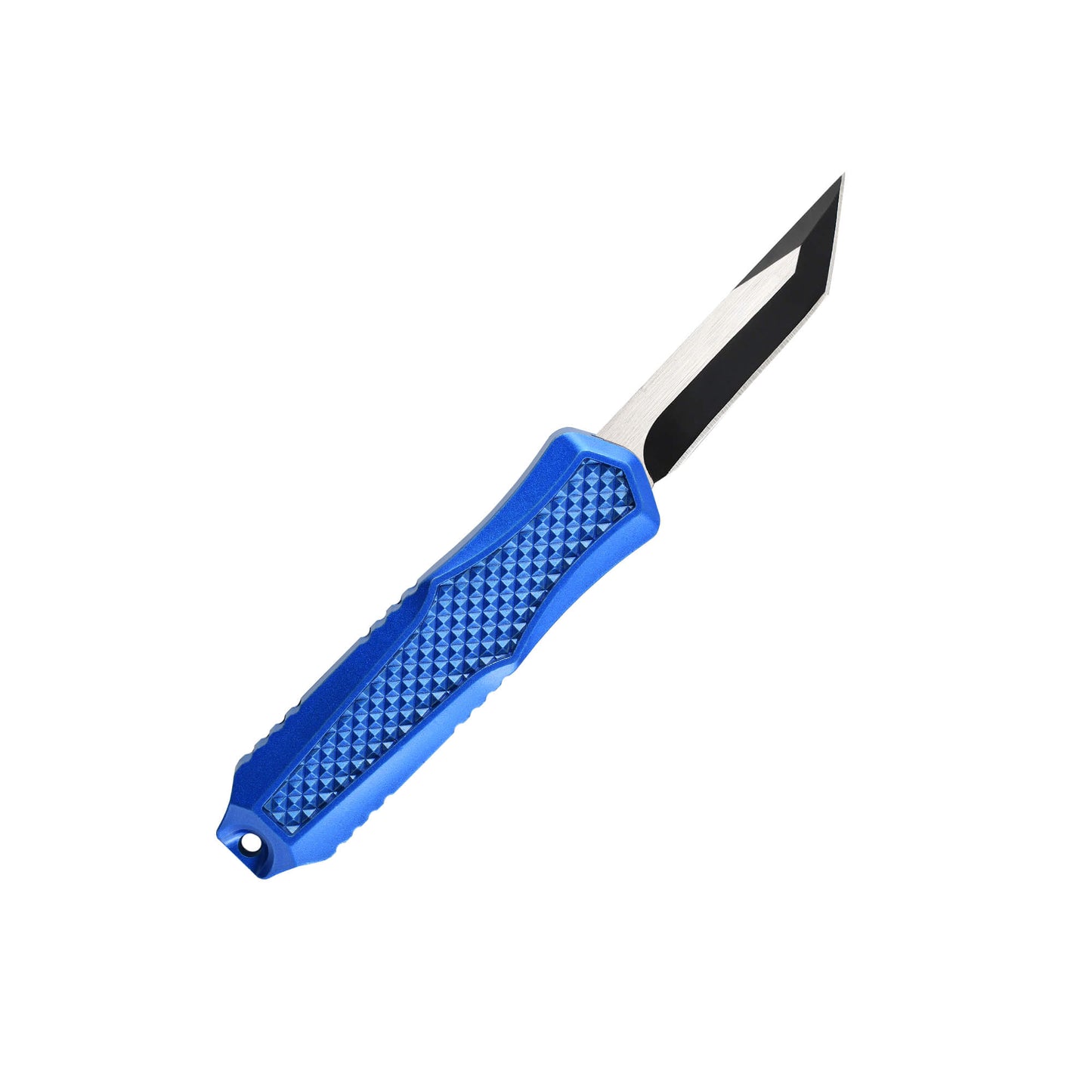 Blue Automatic OTF knife Relik from Mavik Gear with american tanto blade, Zinc alloy handle, button lock and lanyard hole.