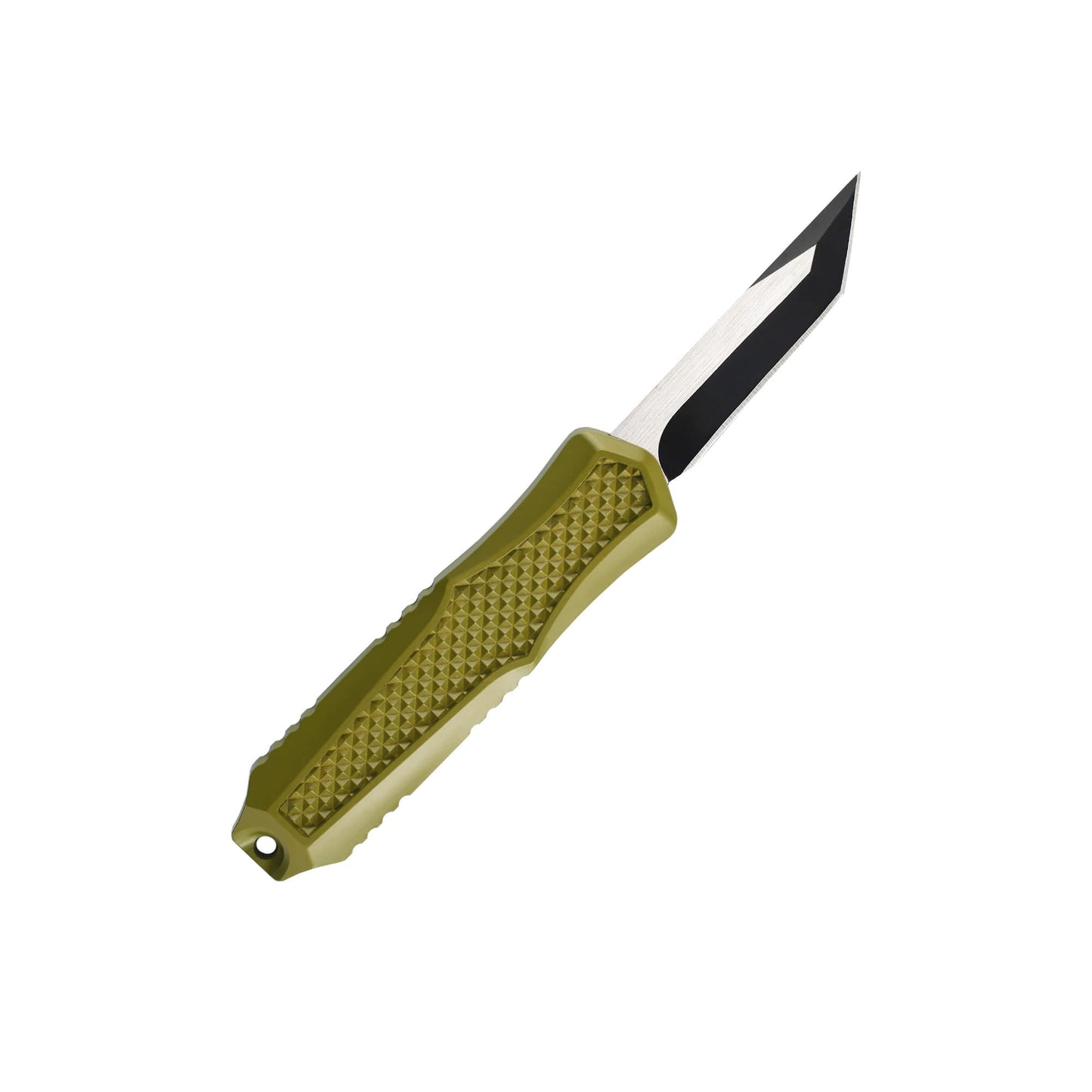 Green Automatic OTF knife Relik from Mavik Gear with american tanto blade, Zinc alloy handle, button lock and lanyard hole.