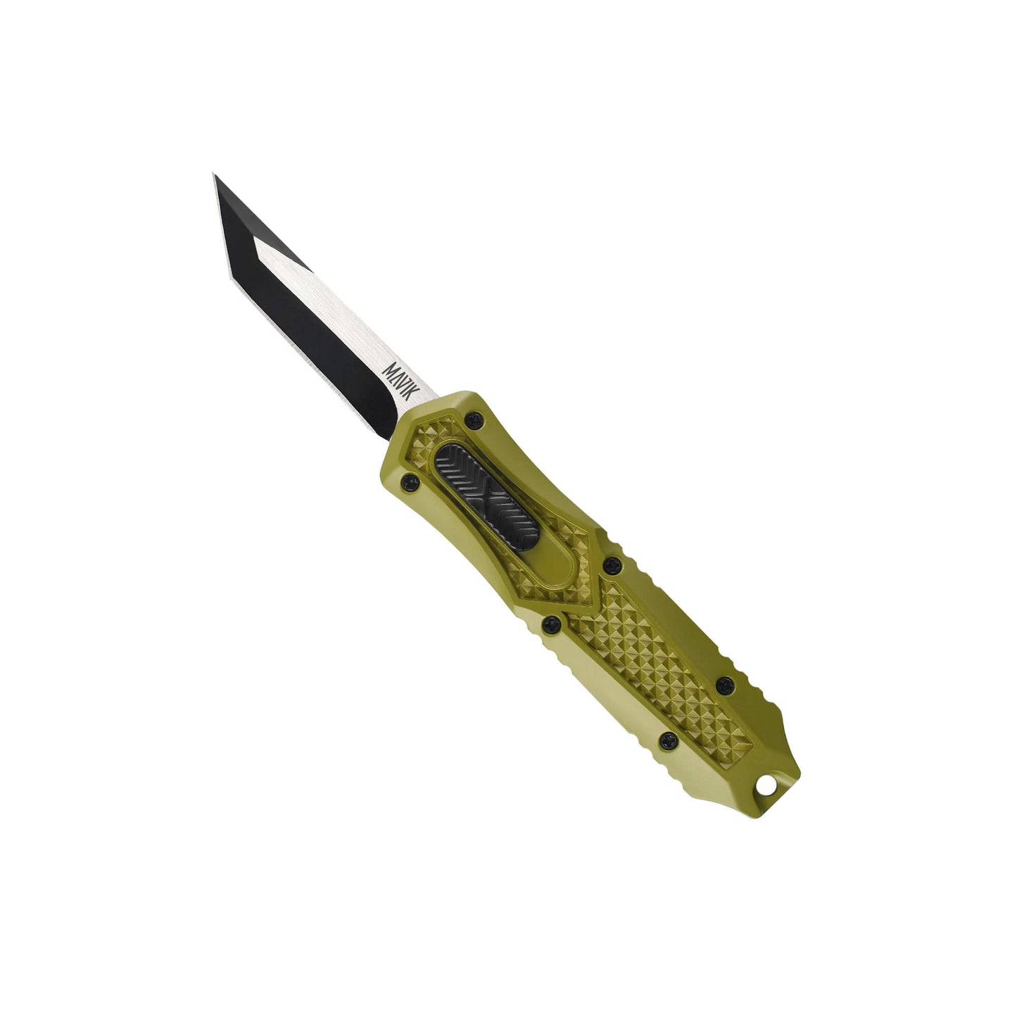 Green Automatic OTF knife Relik from Mavik Gear with american tanto blade, Zinc alloy handle, button lock and lanyard hole.