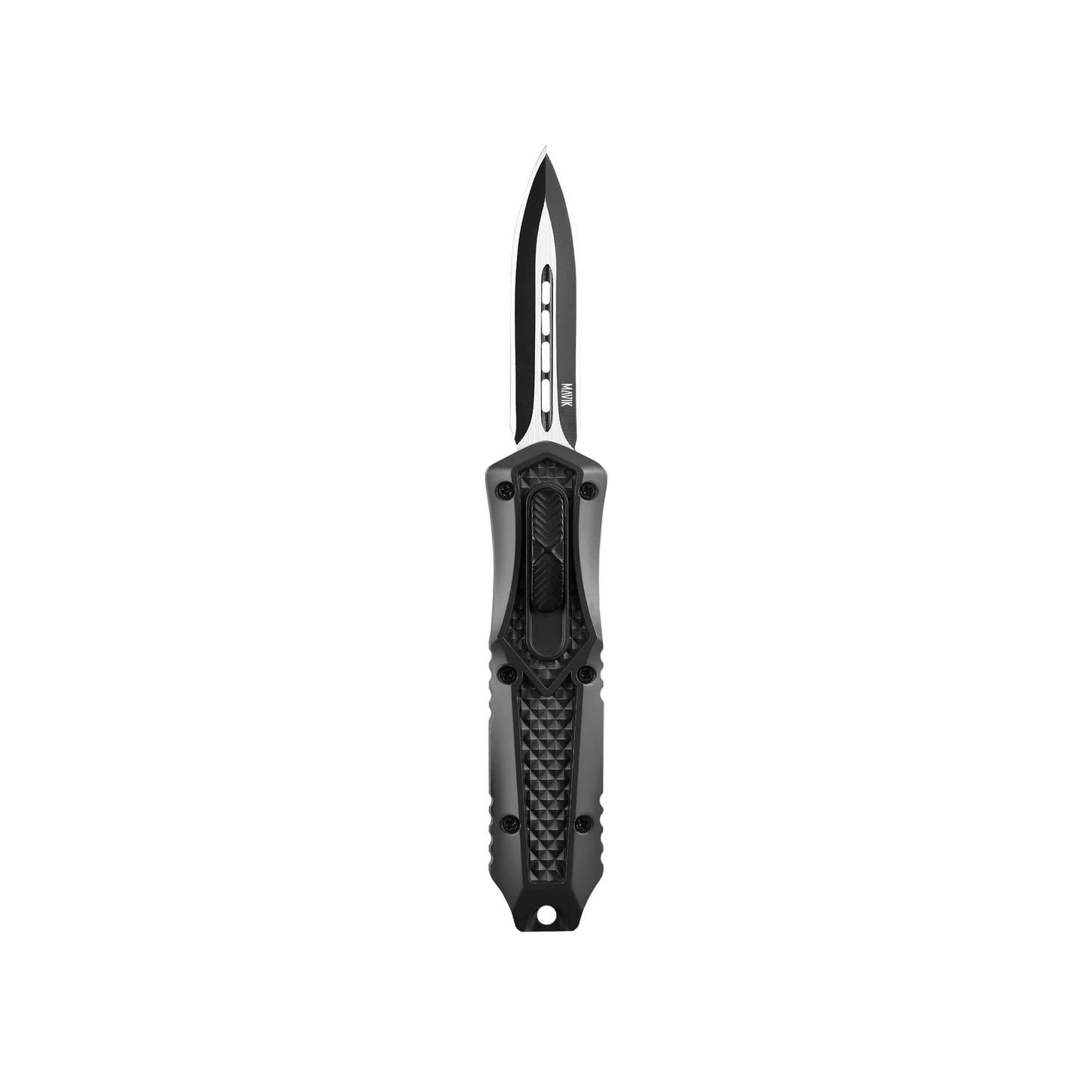 Black Automatic OTF knife Relik from Mavik Gear with spear point blade, Zinc alloy handle, button lock and lanyard hole.