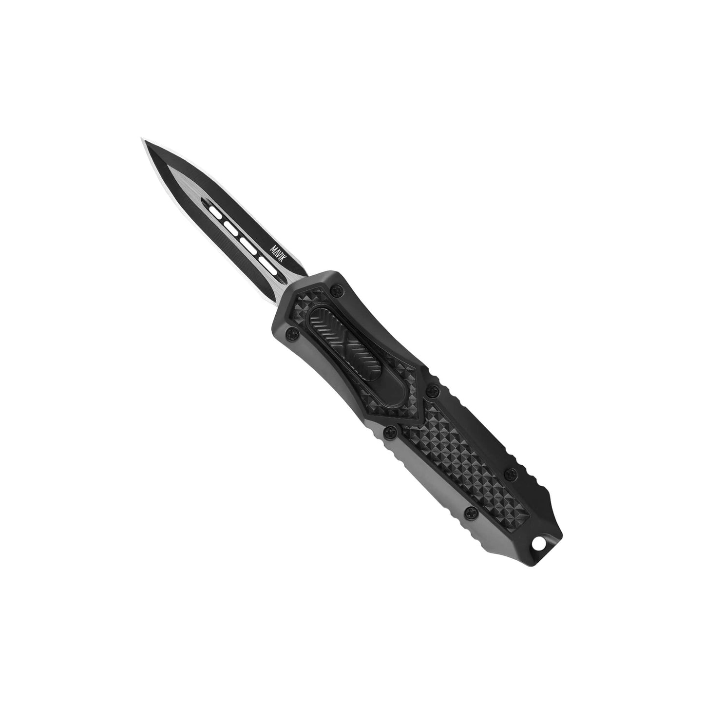 Black Automatic OTF knife Relik from Mavik Gear with spear point blade, Zinc alloy handle, button lock and lanyard hole.