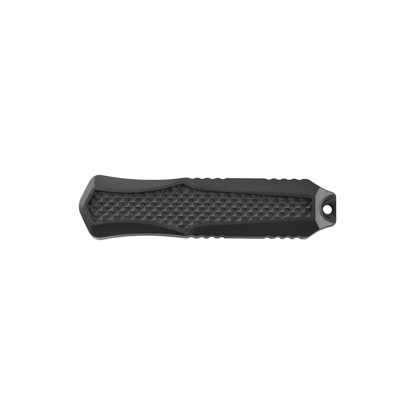 Black Automatic OTF knife Relik from Mavik Gear with spear point blade, Zinc alloy handle, button lock and lanyard hole.