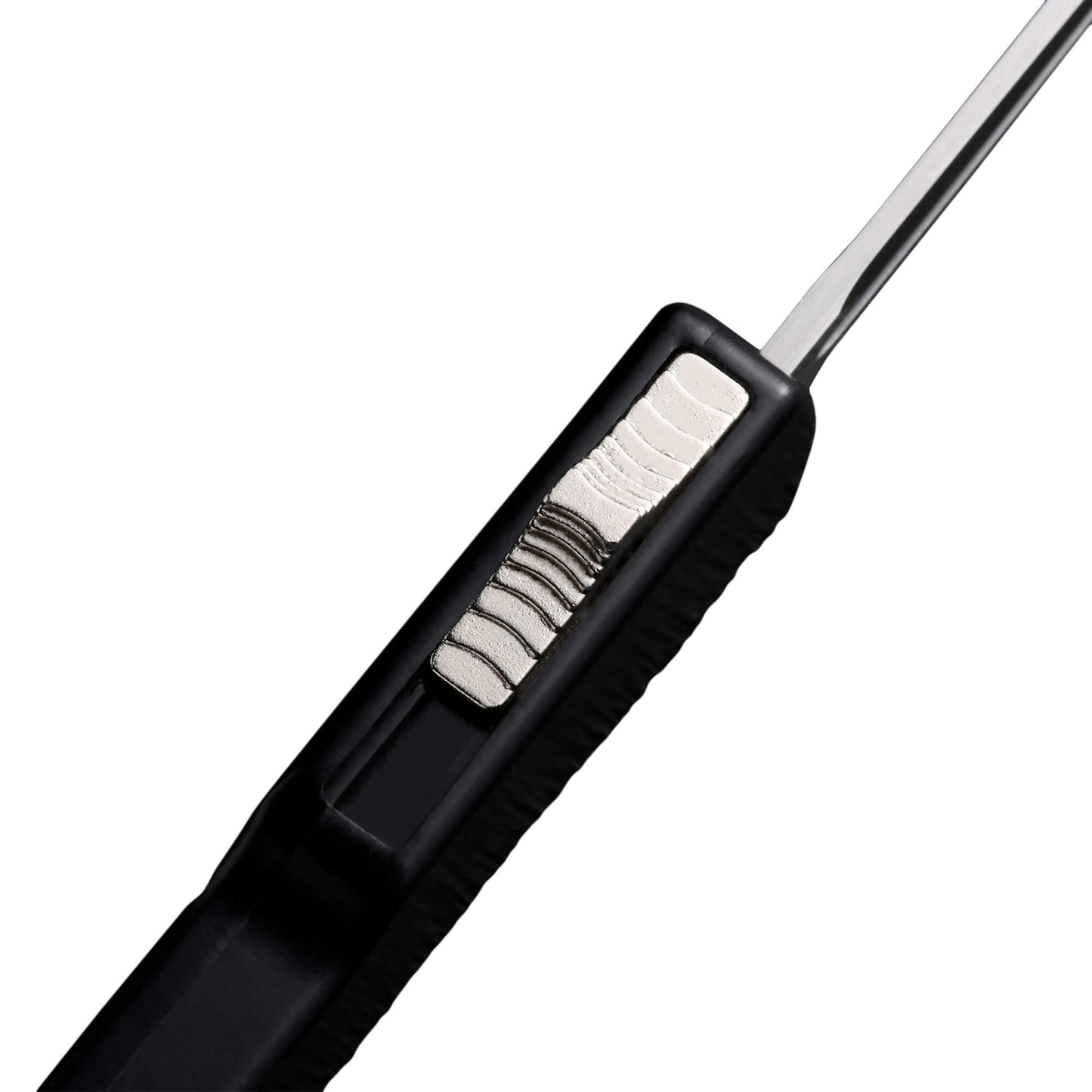 Automatic OTF knife Sly from Mavik Gear with american tanto blade, black Zinc Aluminum handle, lanyard hole, and pocket clip.