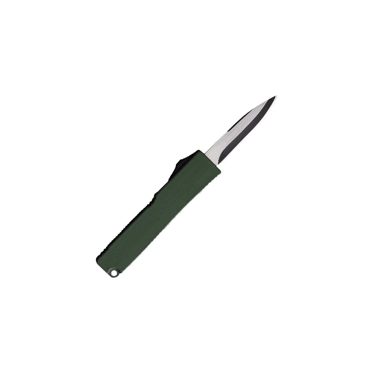 Automatic OTF knife Sly from Mavik Gear with drop point blade, carbon Zinc Aluminum handle, and lanyard hole.