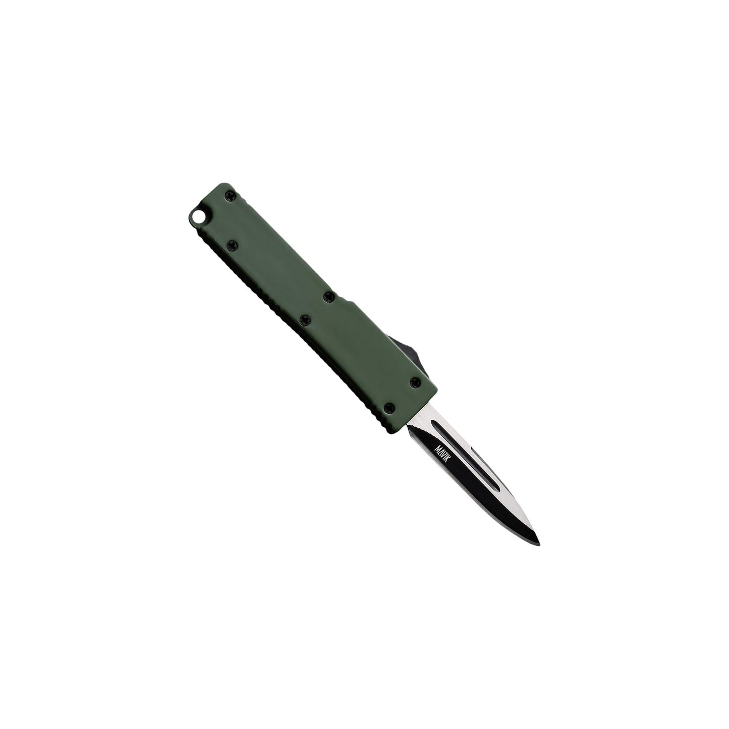 Automatic OTF knife Sly from Mavik Gear with drop point blade, carbon Zinc Aluminum handle, and lanyard hole.