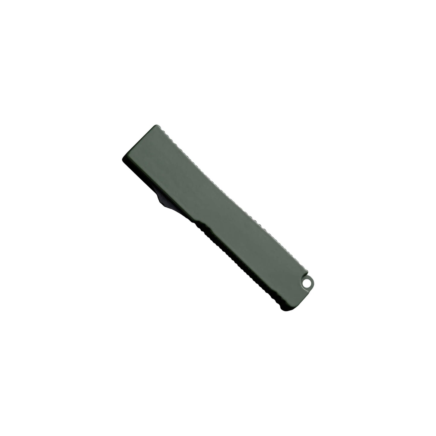 Automatic OTF knife Sly from Mavik Gear with drop point blade, army green Zinc Aluminum handle, and lanyard hole.
