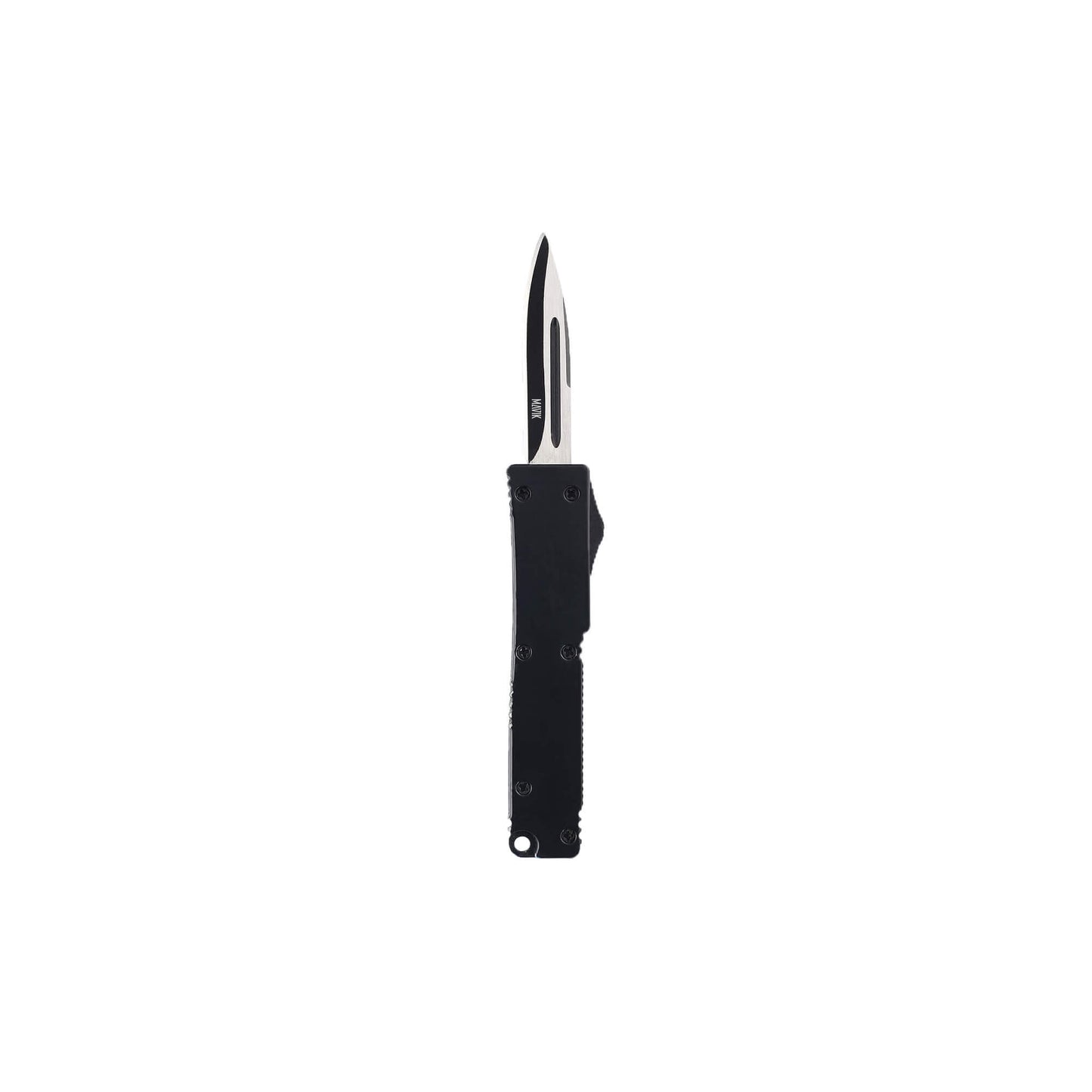 Automatic OTF knife Sly from Mavik Gear with drop point blade, carbon Zinc Aluminum handle, and lanyard hole.