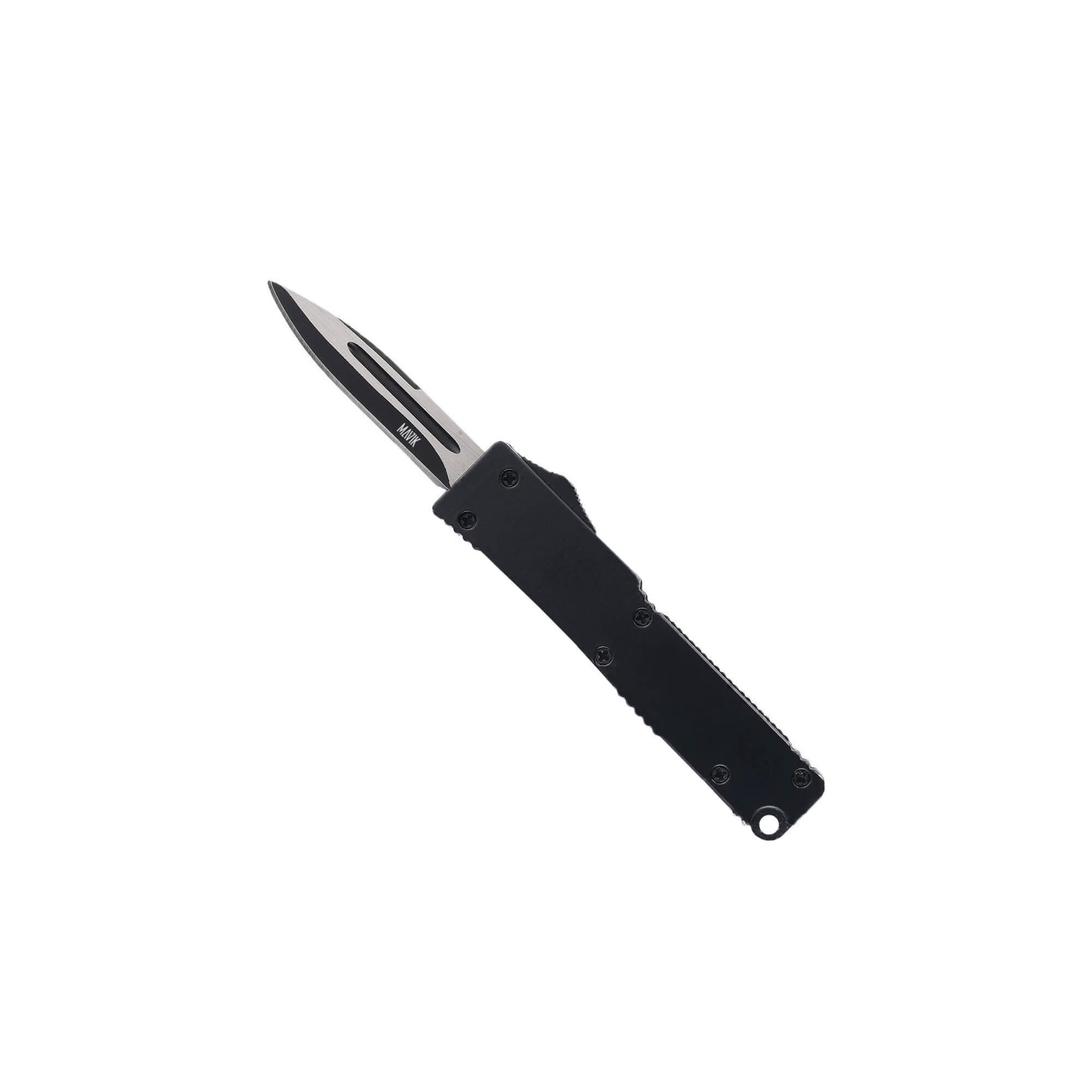 Automatic OTF knife Sly from Mavik Gear with drop point blade, carbon Zinc Aluminum handle, and lanyard hole.