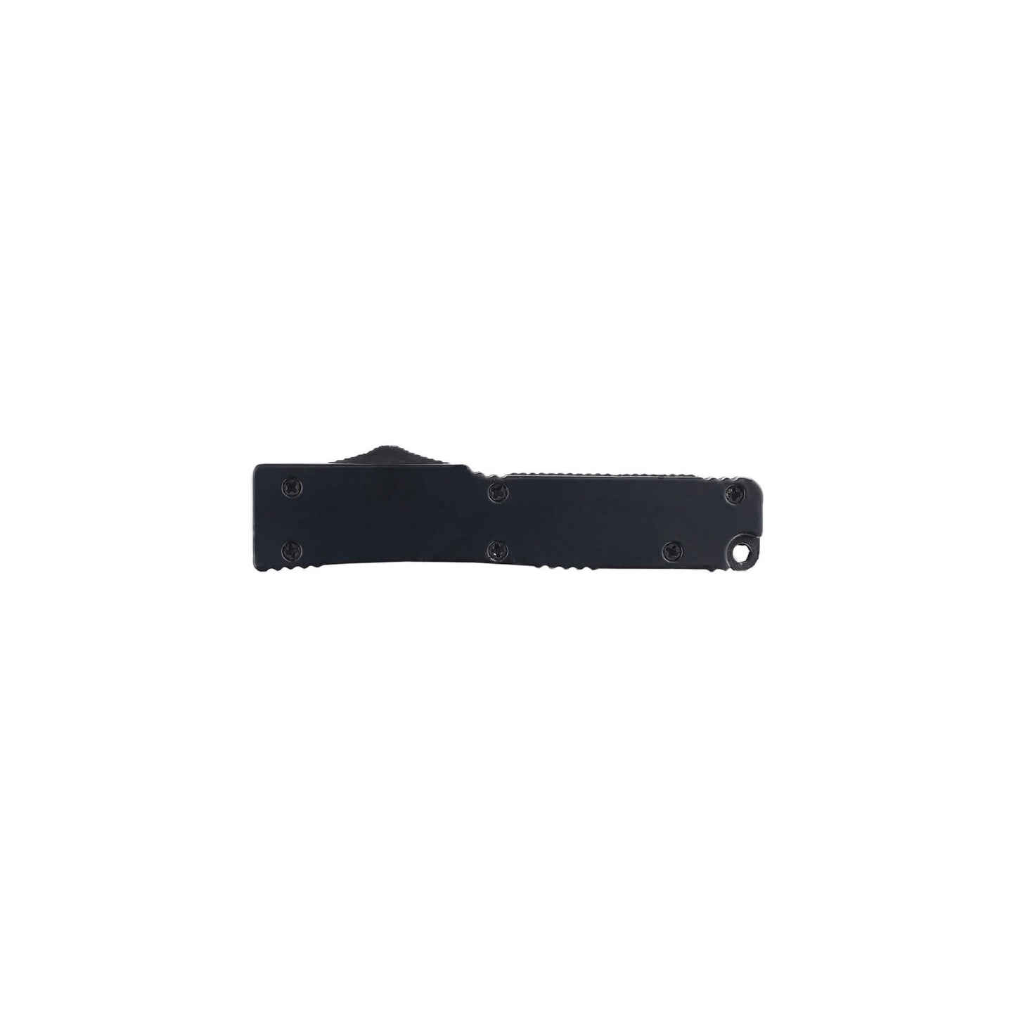 Automatic OTF knife Sly from Mavik Gear with drop point blade, black Zinc Aluminum handle, and lanyard hole.