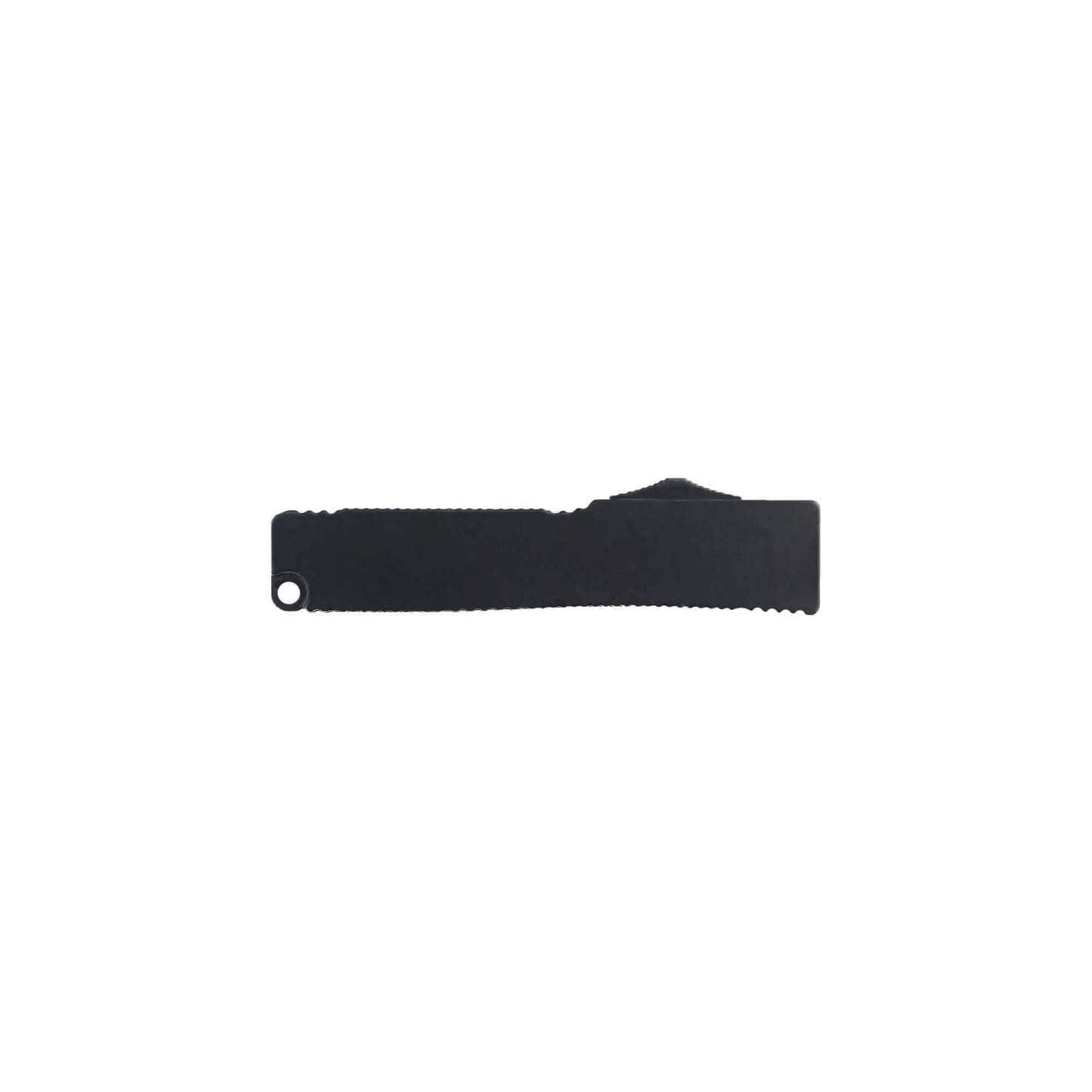 Automatic OTF knife Sly from Mavik Gear with drop point blade, black Zinc Aluminum handle, and lanyard hole.
