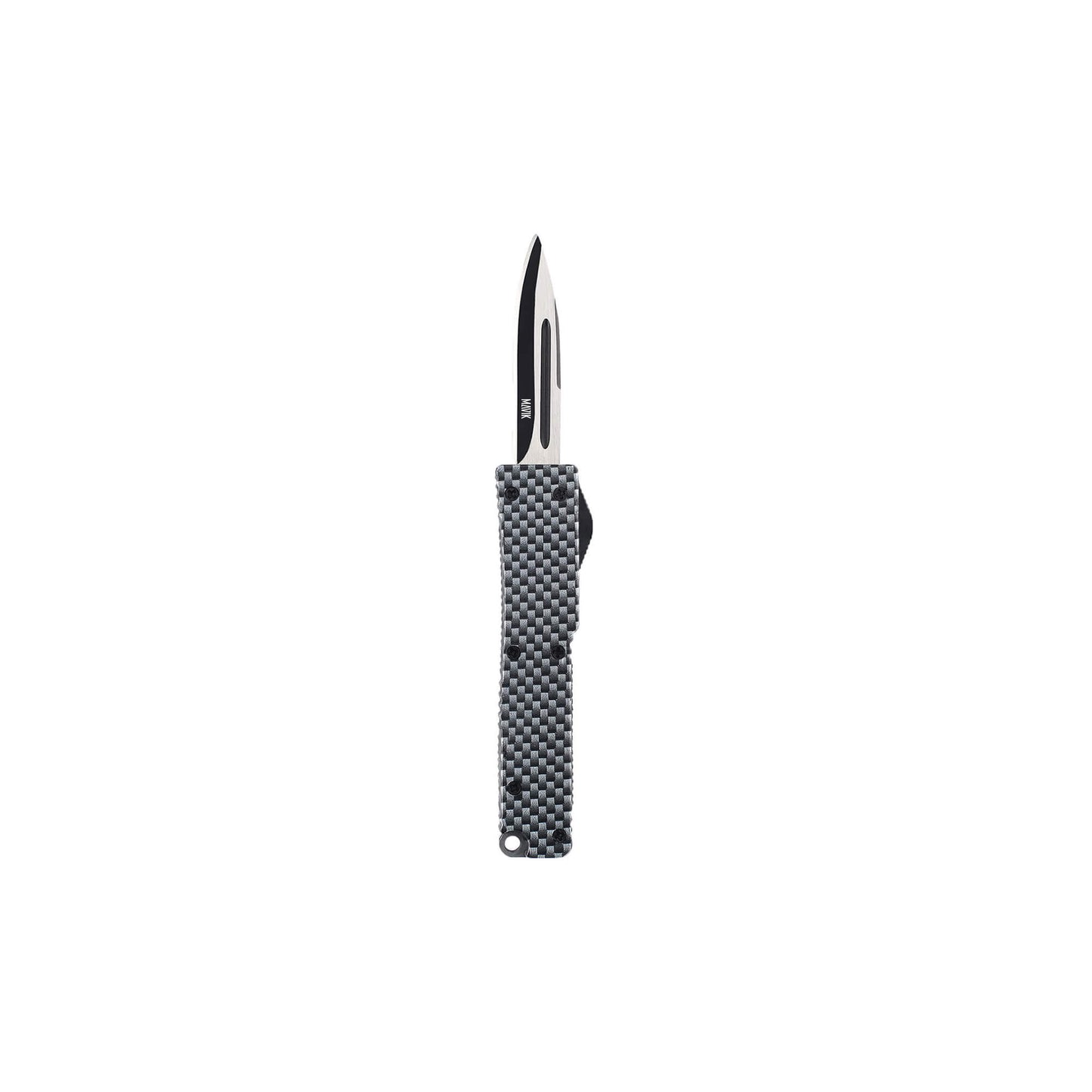 Automatic OTF knife Sly from Mavik Gear with drop point blade, carbon Zinc Aluminum handle, and lanyard hole.