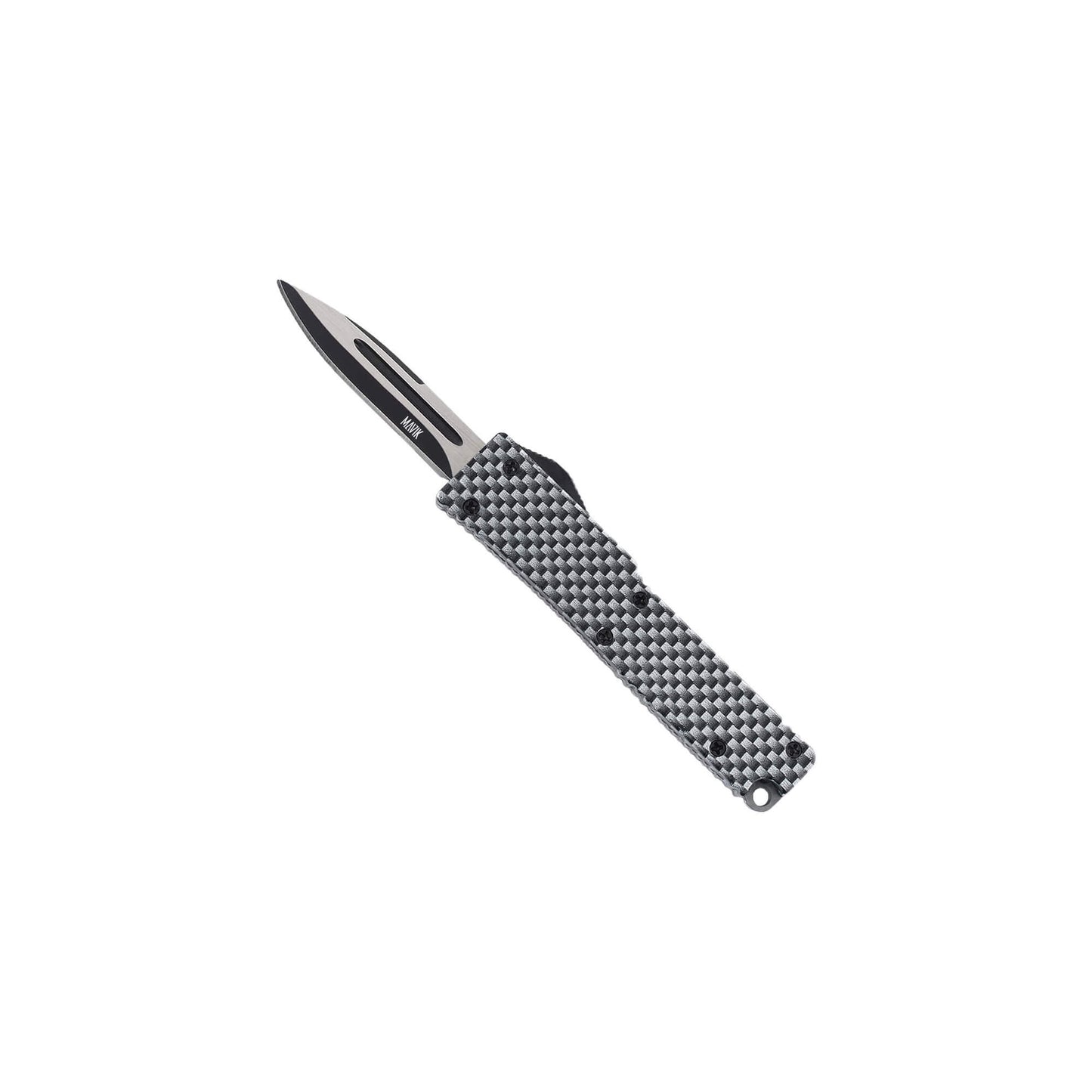 Automatic OTF knife Sly from Mavik Gear with drop point blade, carbon Zinc Aluminum handle, and lanyard hole.