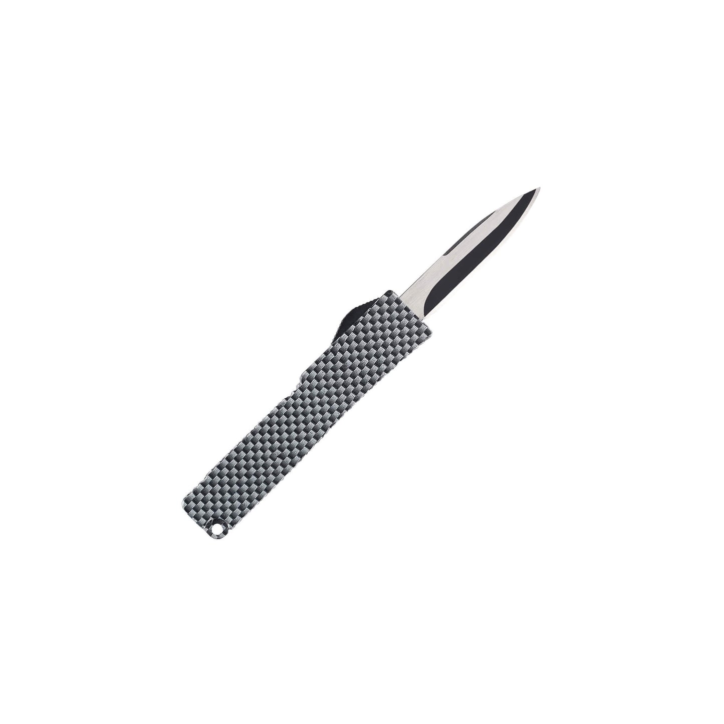 Automatic OTF knife Sly from Mavik Gear with drop point blade, carbon Zinc Aluminum handle, and lanyard hole.