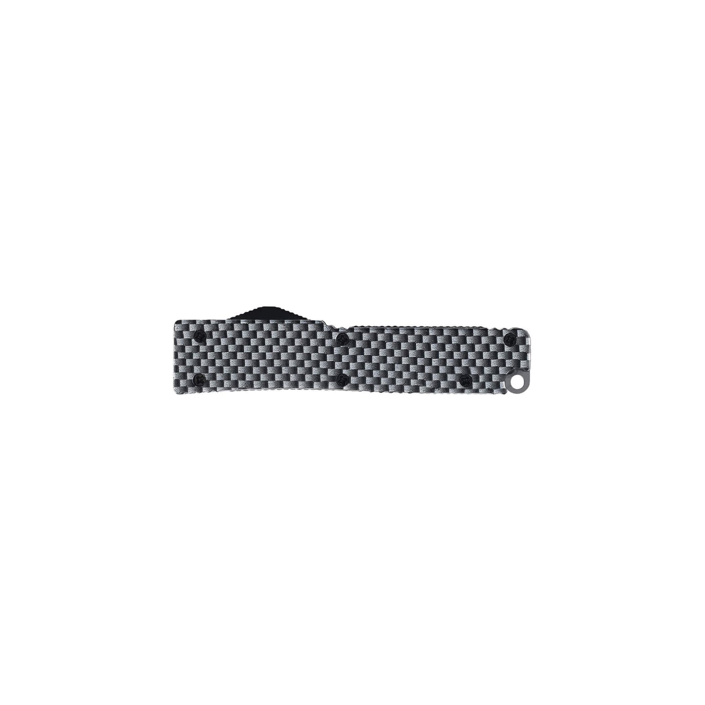 Automatic OTF knife Sly from Mavik Gear with drop point blade, carbon Zinc Aluminum handle, and lanyard hole.