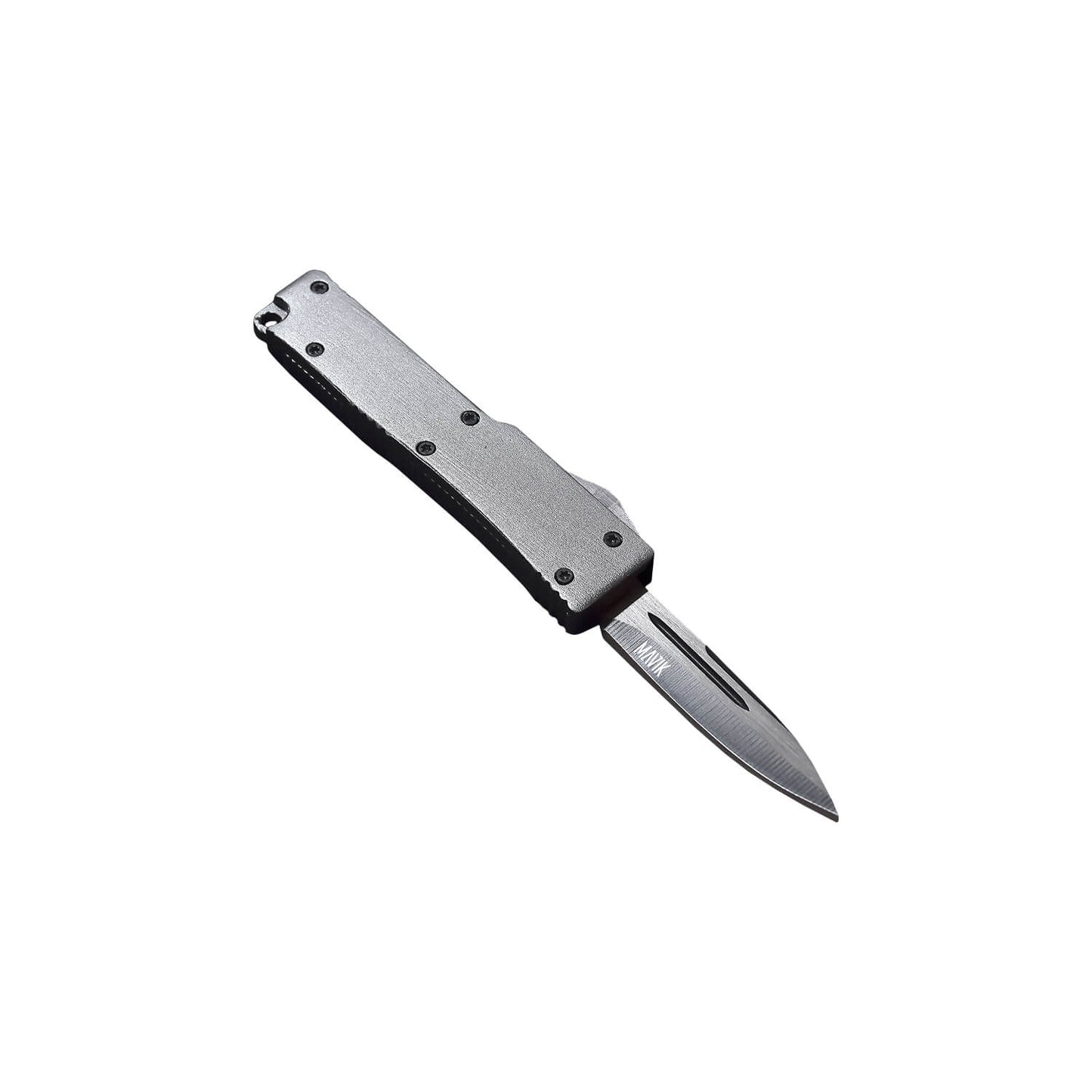 Automatic OTF knife Sly from Mavik Gear with drop point blade, carbon Zinc Aluminum handle, and lanyard hole.
