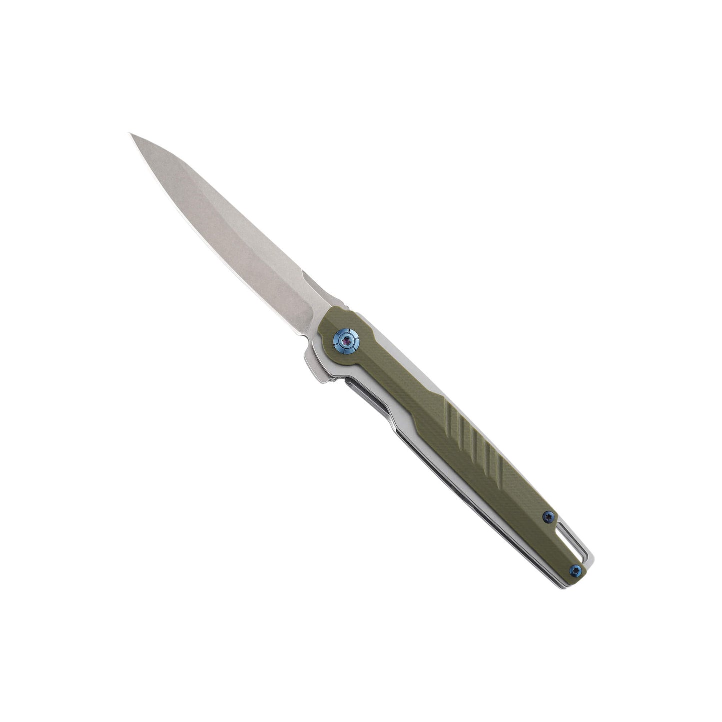 front of D2 drop point steel folding blade with army green G10 handle
