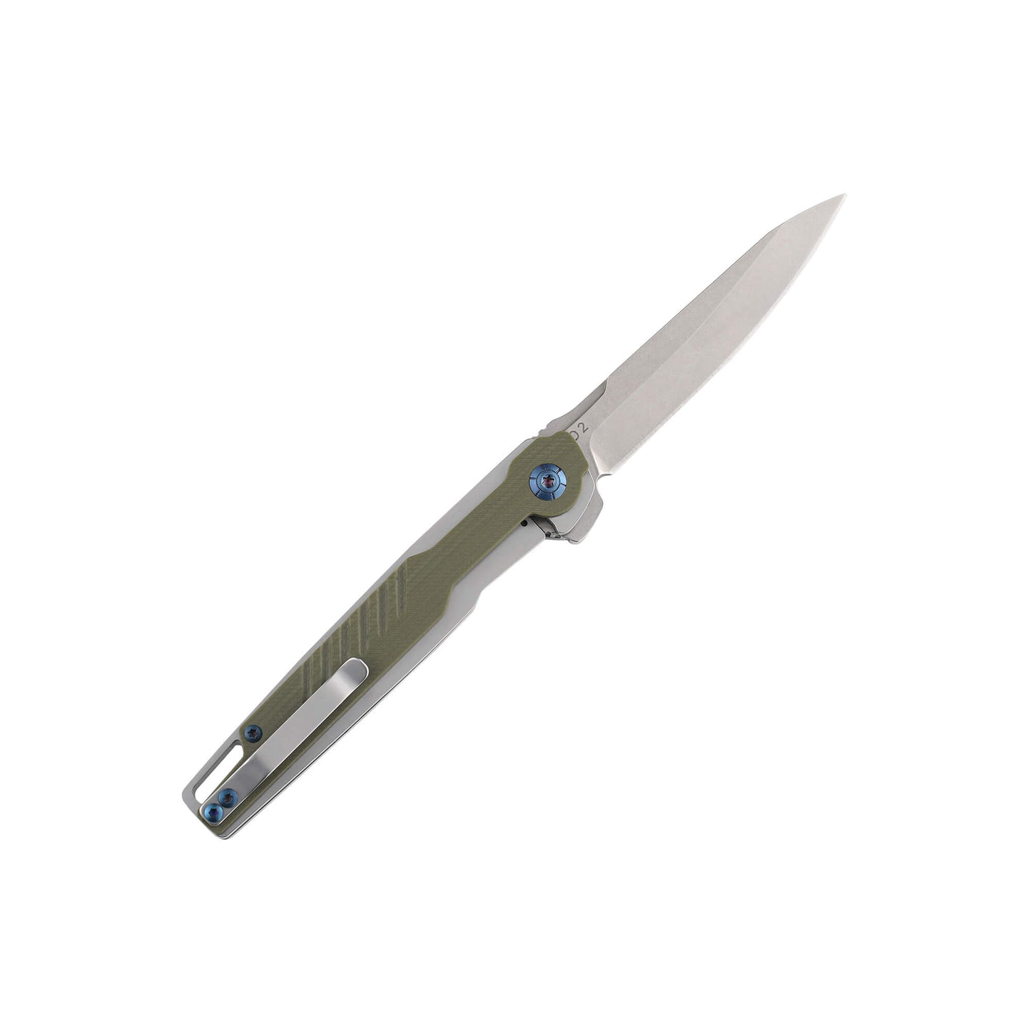 back of D2 drop point steel folding blade with army green G10 handle and hip clip