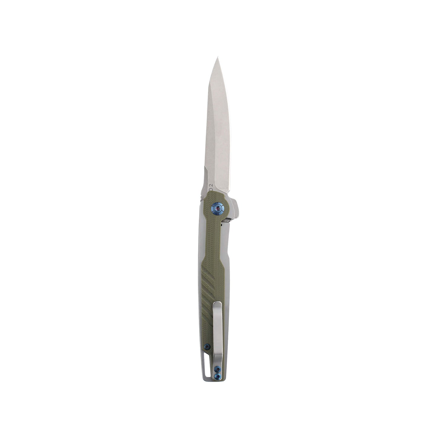 Back of D2 drop point steel folding blade with army green G10 handle and hip clip