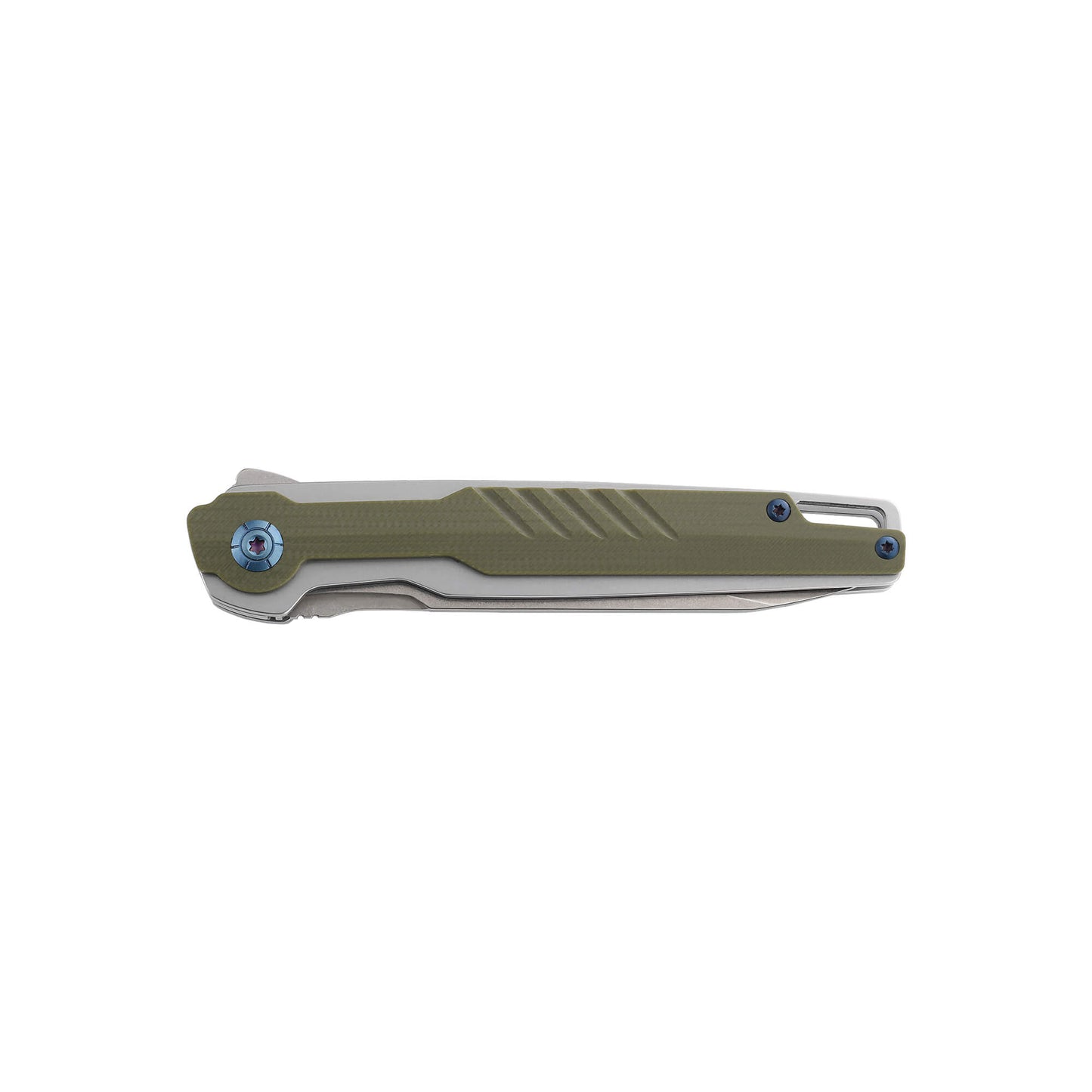folded D2 drop point steel folding blade with army green G10 handle and hip clip