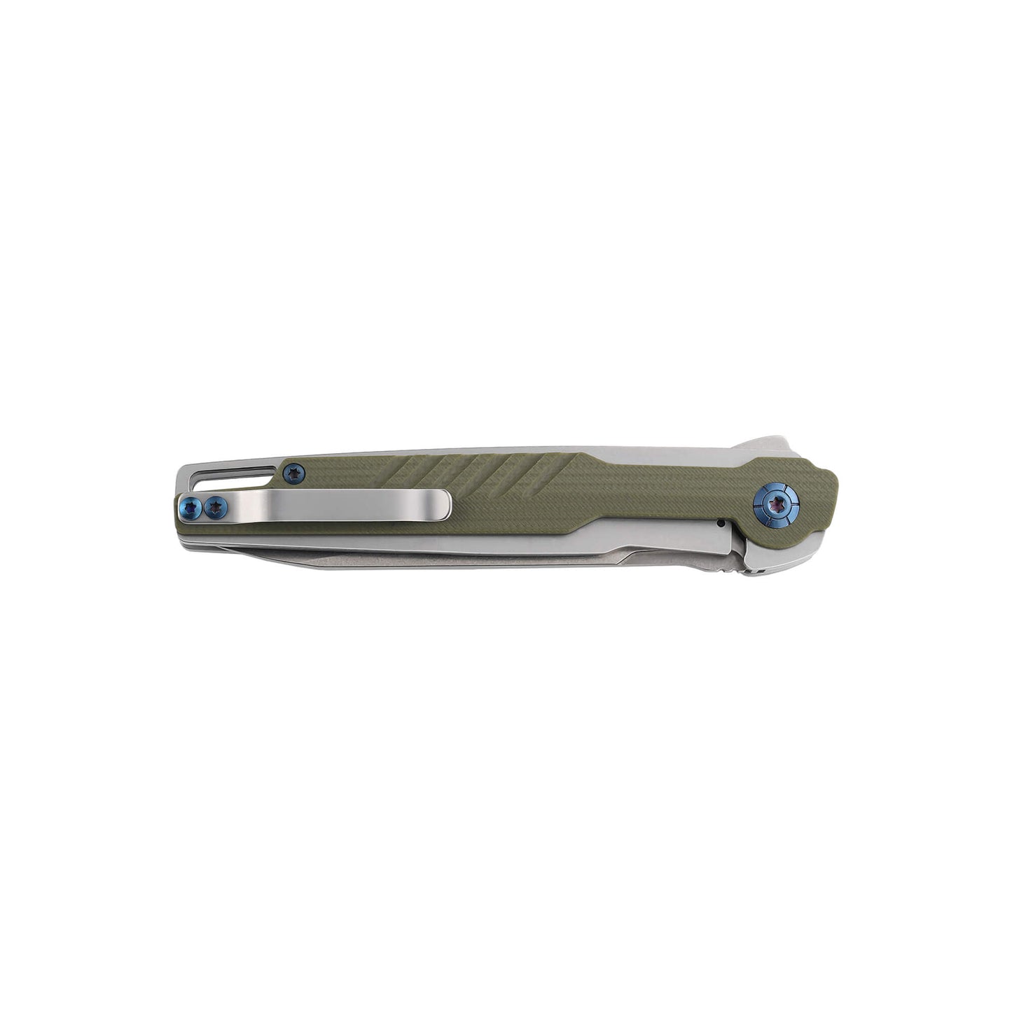 folded D2 drop point steel folding blade with army green G10 handle and hip clip