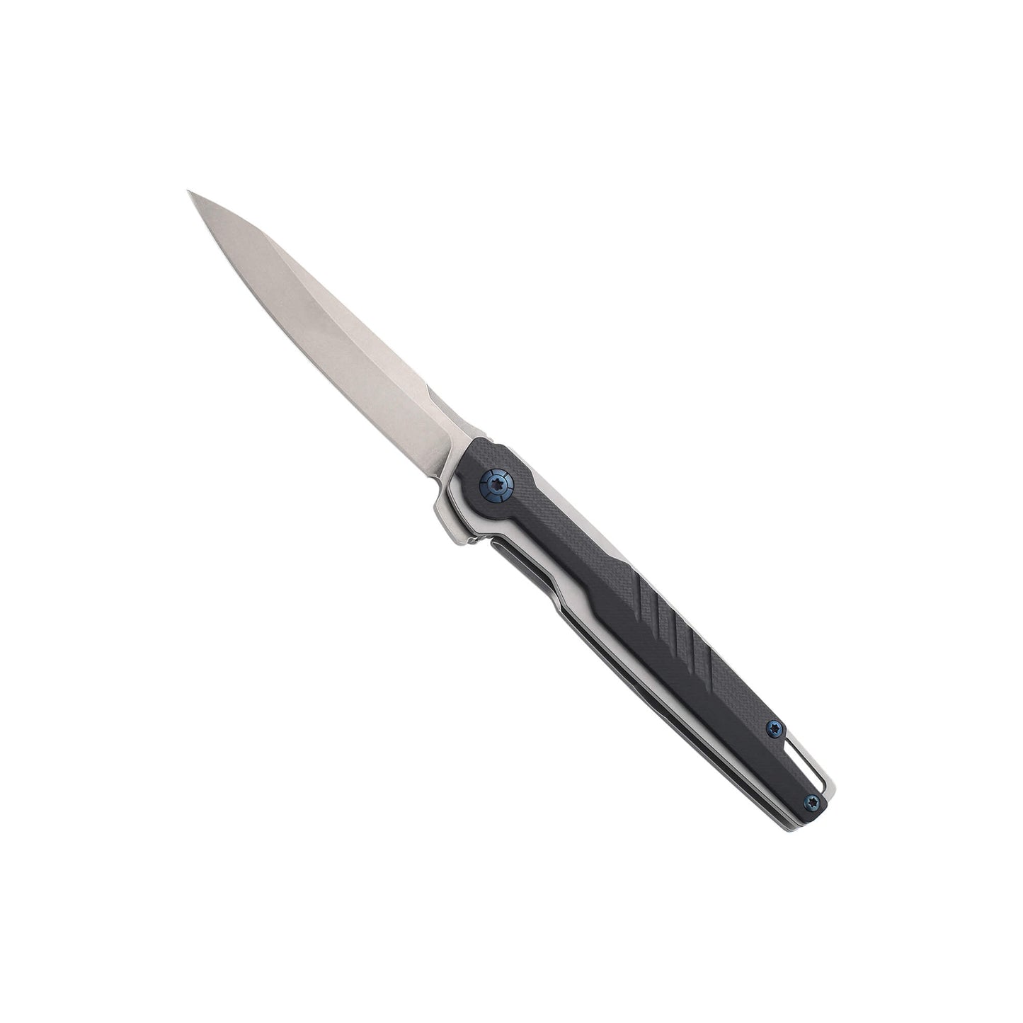 Front of D2 drop point steel folding blade with black G10 handle and hip clip