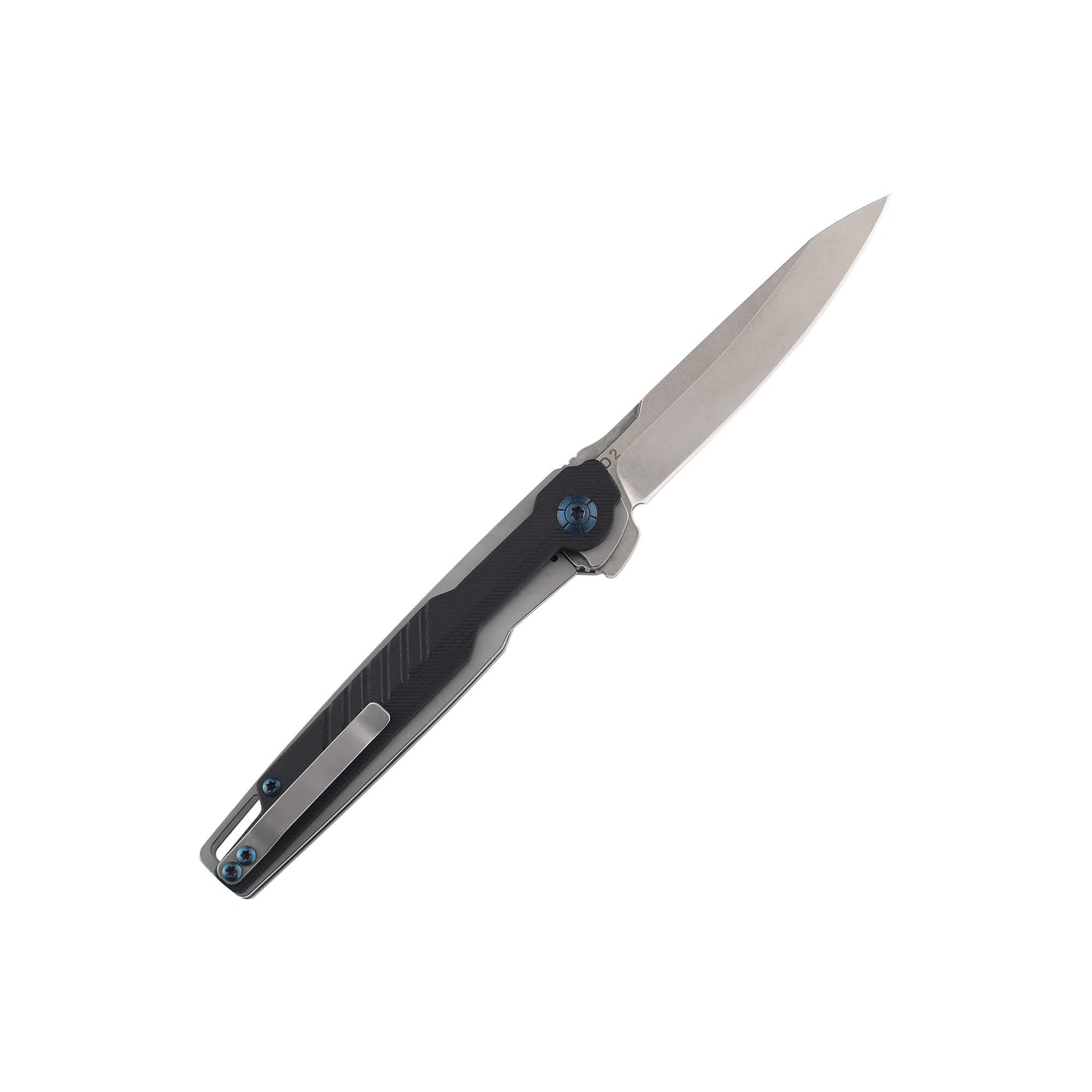 Back of D2 drop point steel folding blade with black G10 handle and hip clip