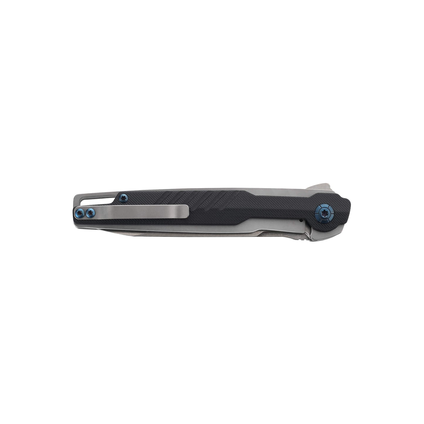 folded D2 drop point steel folding blade with black G10 handle and hip clip