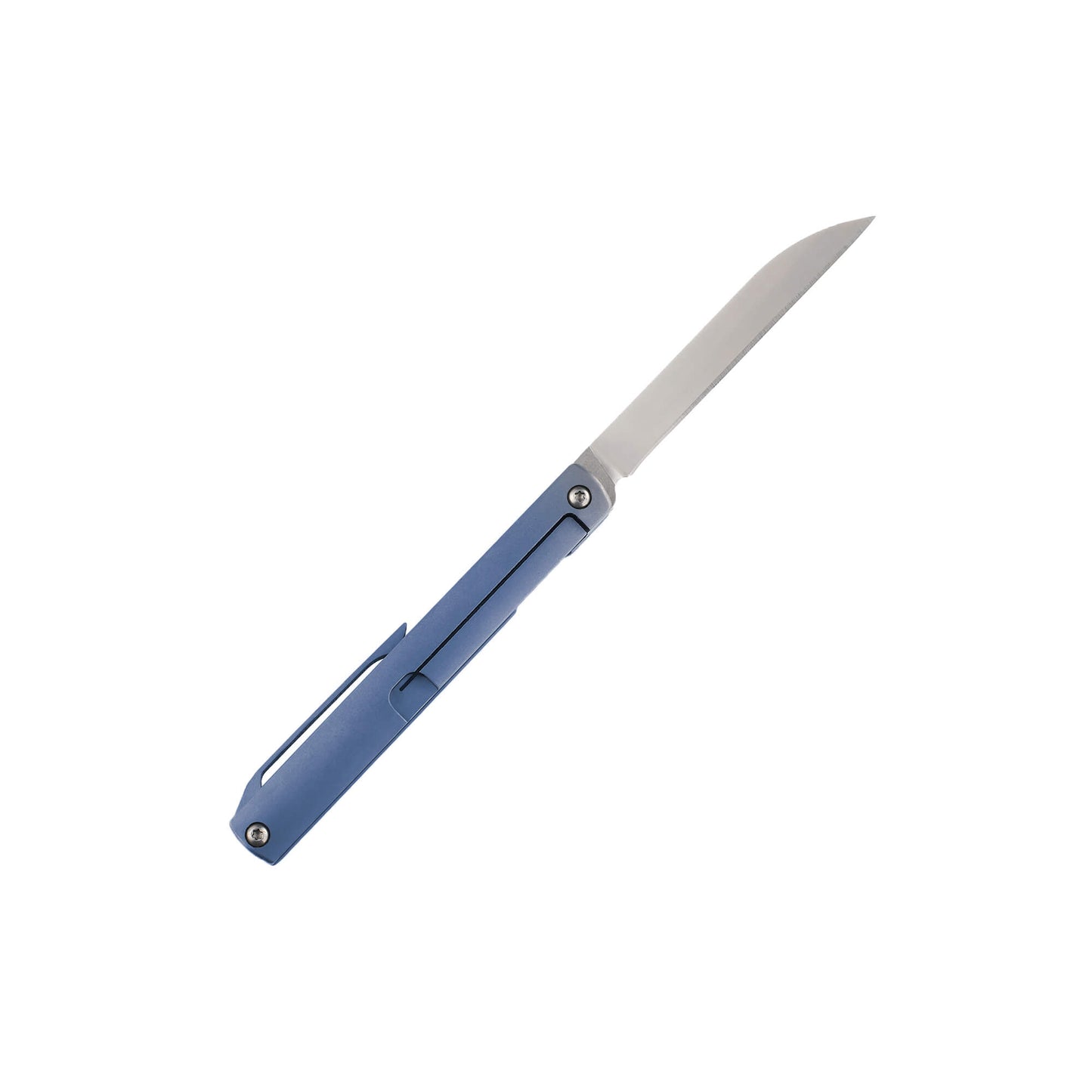 back of metalic folding EDC knife Bit from Mavik Gear front of S35VN Wharncliffe steel folding blade with blue Titanium Alloy handle and hip clip