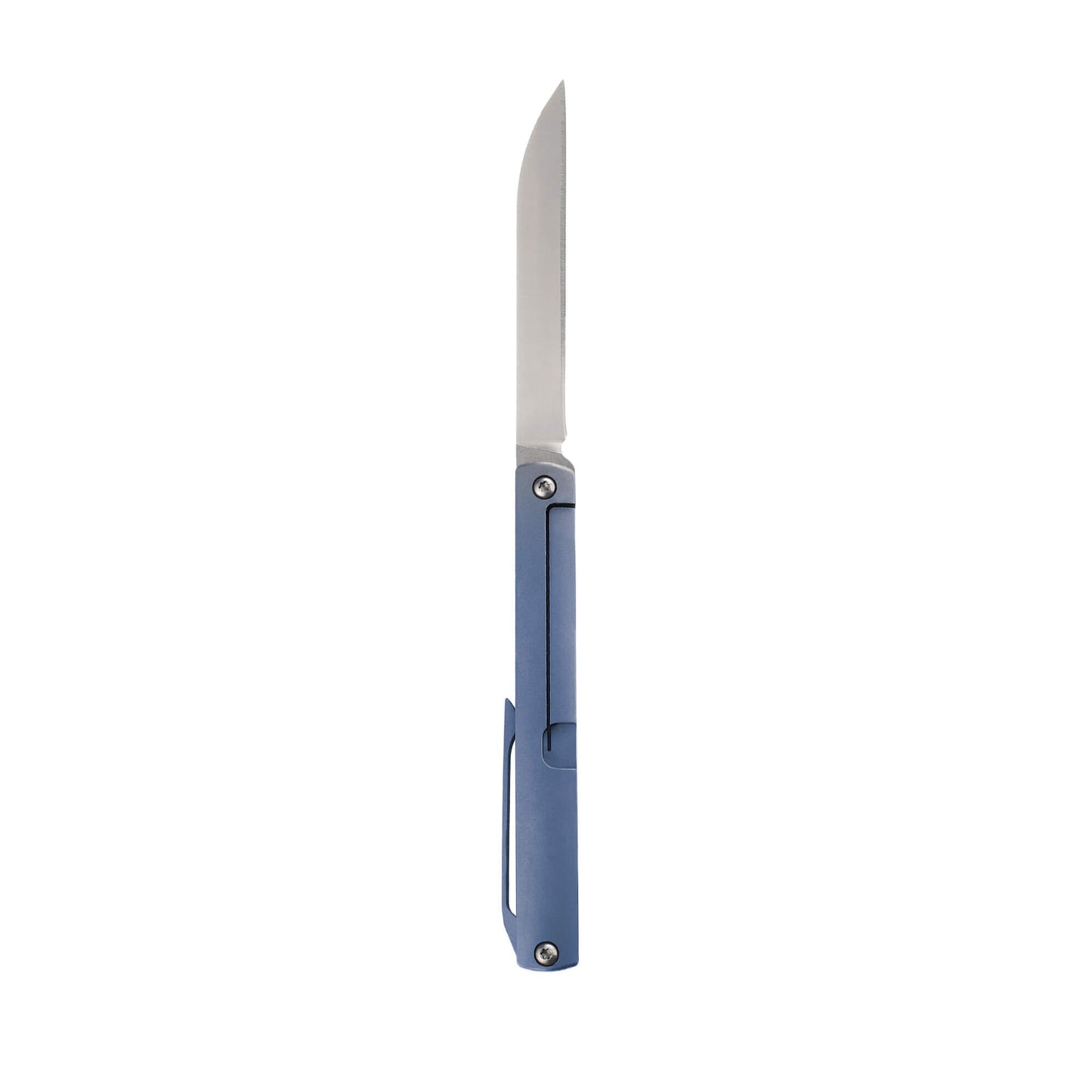 back of metalic folding EDC knife Bit from Mavik Gear front of S35VN Wharncliffe steel folding blade with blue Titanium Alloy handle and hip clip