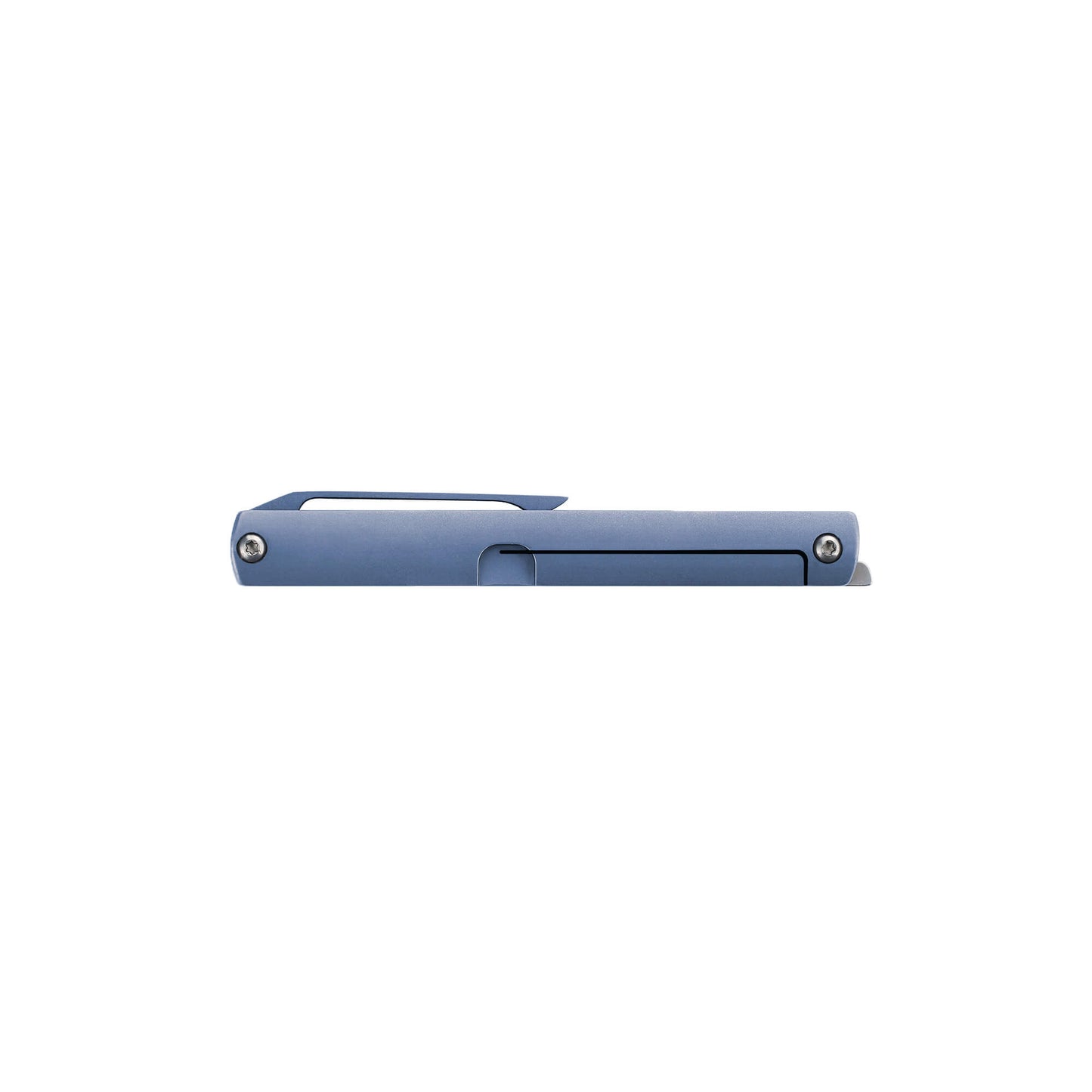 folded back of metalic folding EDC knife Bit from Mavik Gear front of S35VN Wharncliffe steel folding blade with blue Titanium Alloy handle and hip clip