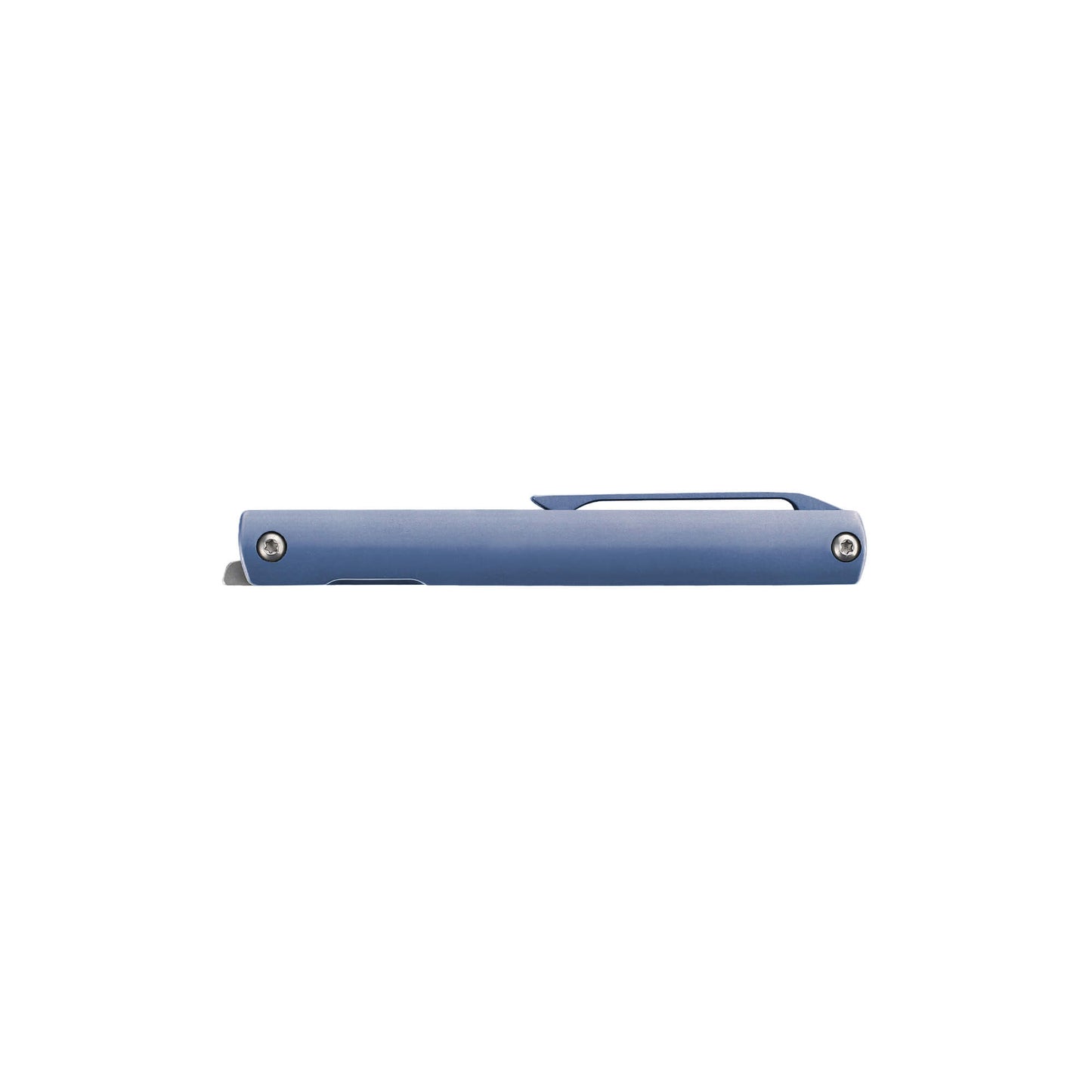 folded front of metalic folding EDC knife Bit from Mavik Gear front of S35VN Wharncliffe steel folding blade with blue Titanium Alloy handle and hip clip