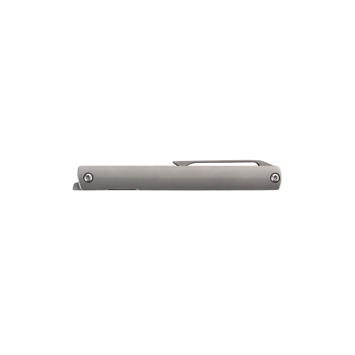 folded front of metalic folding EDC knife Bit from Mavik Gear front of S35VN Wharncliffe steel folding blade with silver Titanium Alloy handle and hip clip