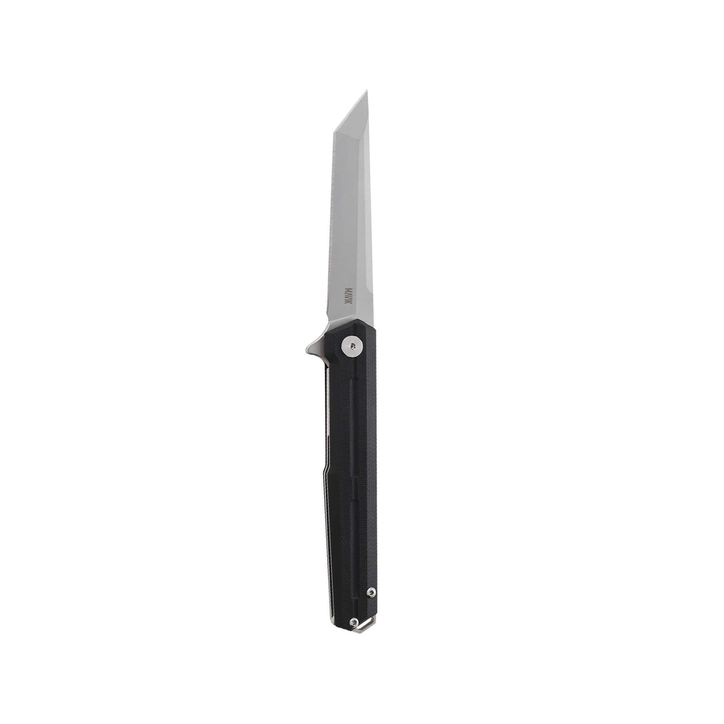 Everyday carry folding knife Ero from Mavik, with 3.46" american tanto blade made of 440C, and black G10 handle length 4.45".