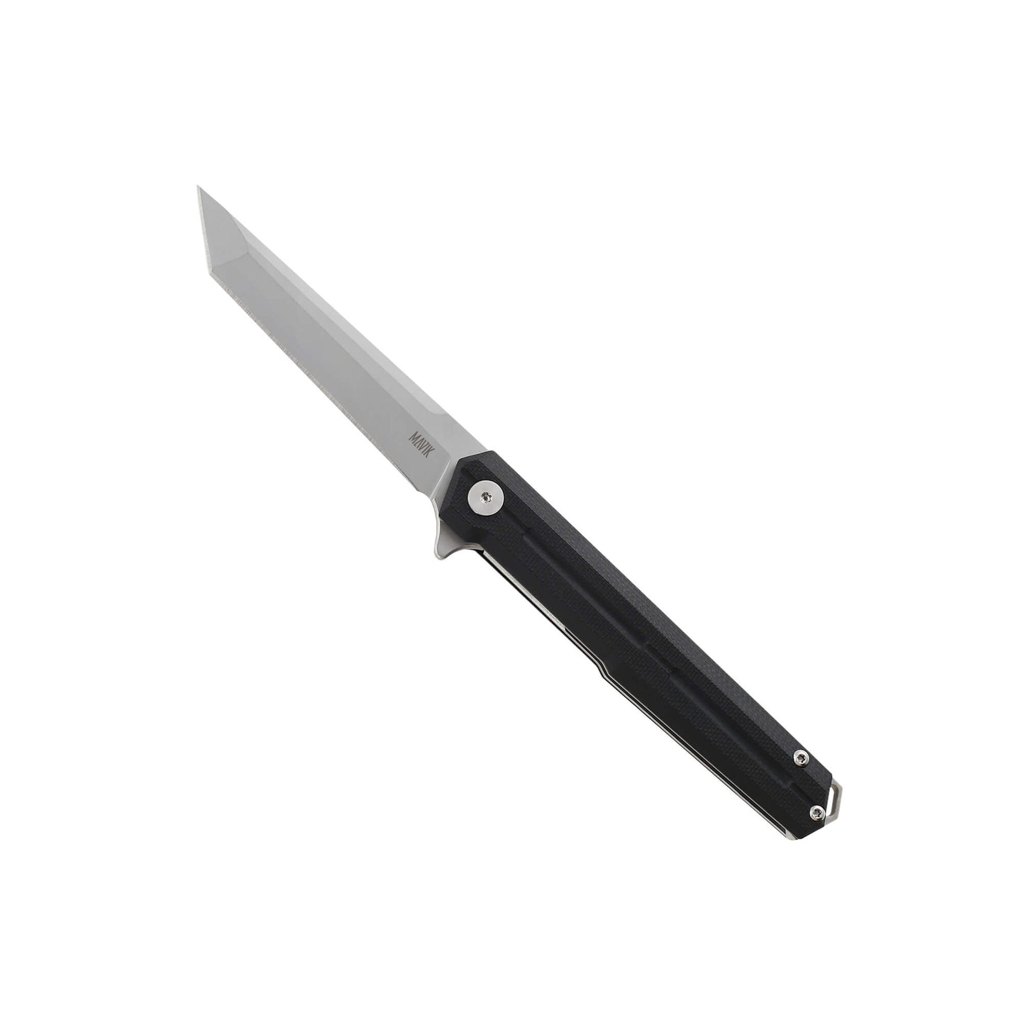 Everyday carry folding knife Ero from Mavik, with 3.46" american tanto blade made of 440C, and black G10 handle length 4.45".