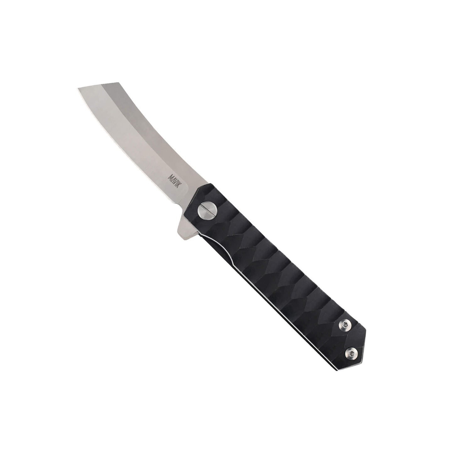Grand folding knife with sharp D2 steel sheepsfoot blade and black textured Aluminum Alloy handle for secure grip.