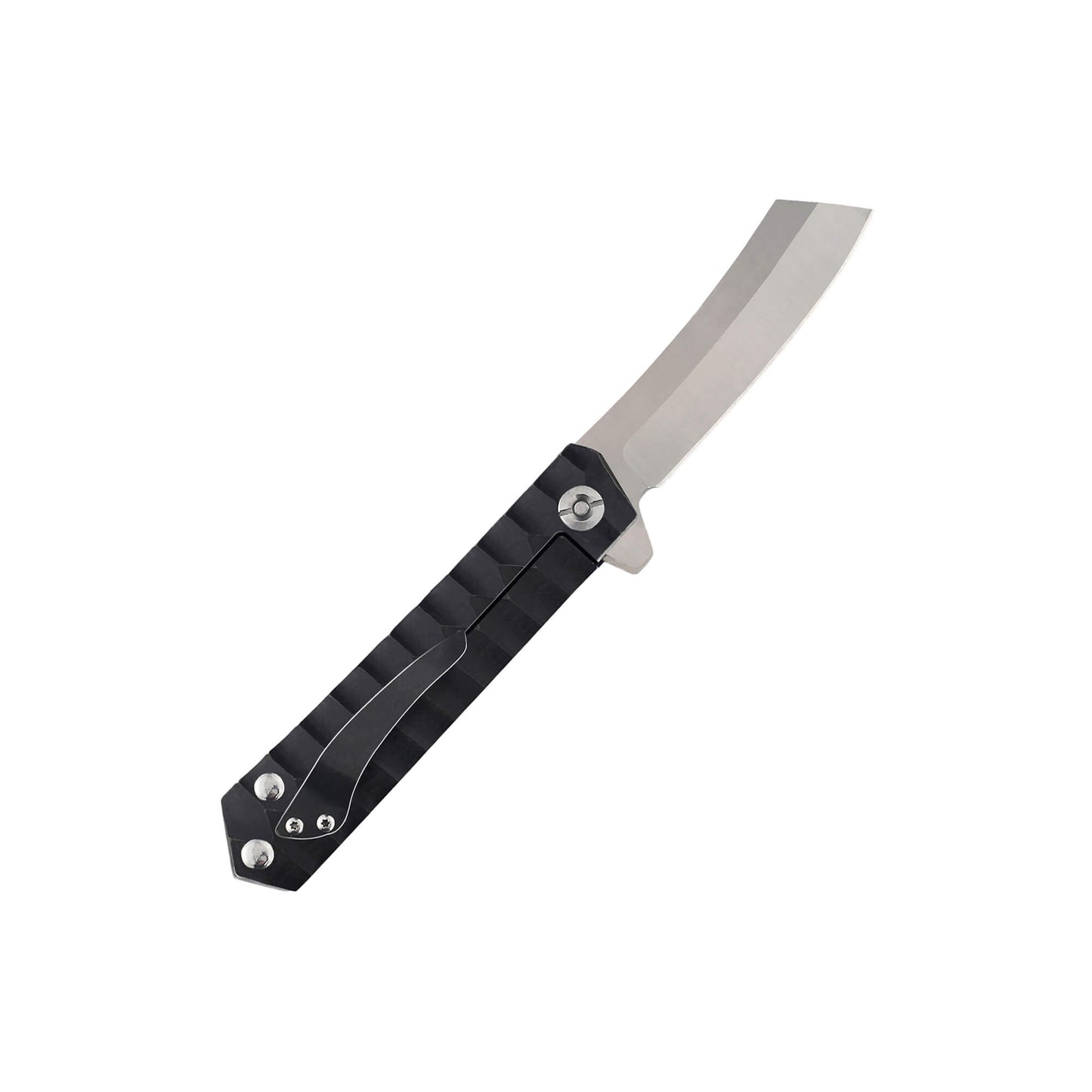Grand folding knife with sharp D2 steel sheepsfoot blade and black textured Aluminum Alloy handle for secure grip.