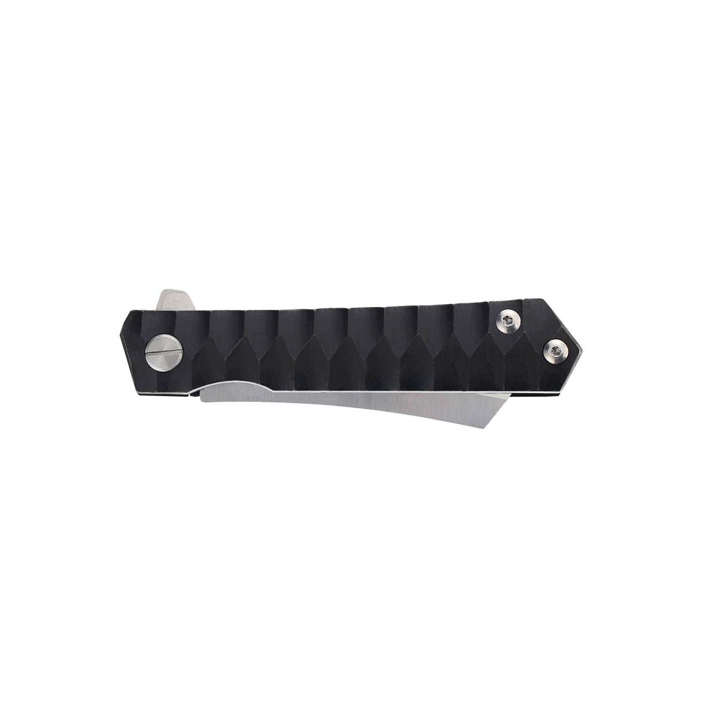 Grand folding knife with sharp D2 steel sheepsfoot blade and black textured Aluminum Alloy handle for secure grip.