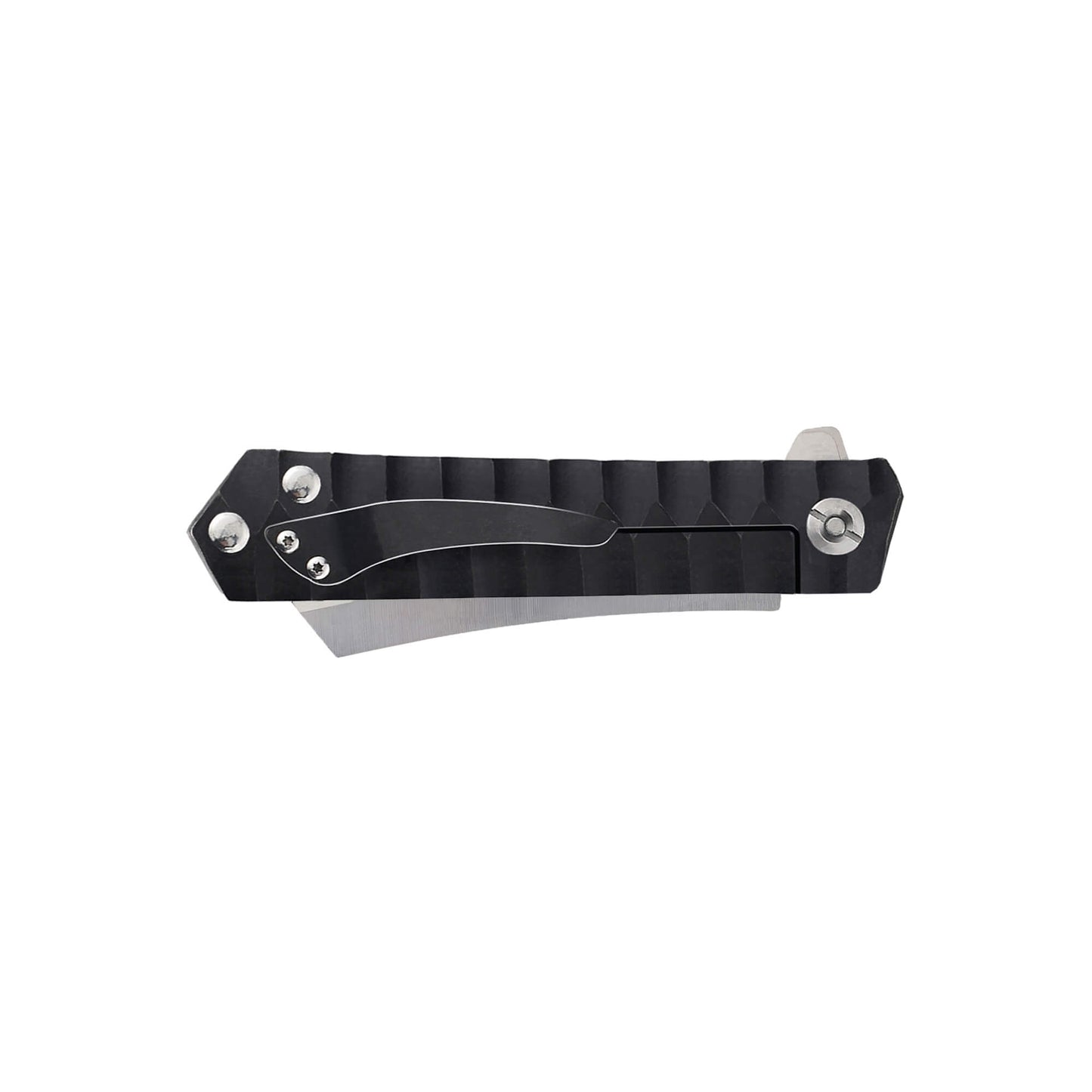 Grand folding knife with sharp D2 steel sheepsfoot blade and black textured Aluminum Alloy handle for secure grip.