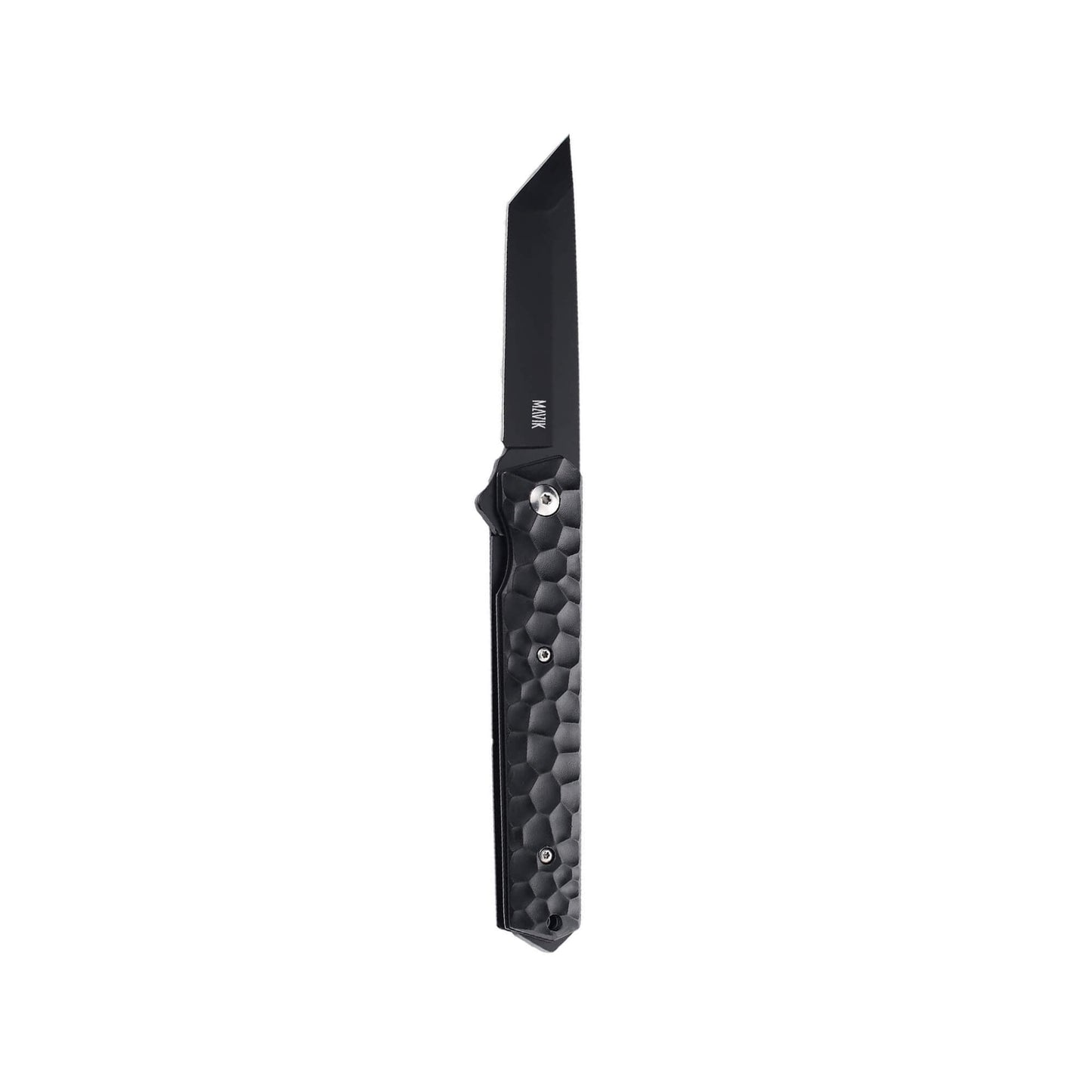 Folding knife Iren from Mavik Gear with D2 steel american tanto blade, Aluminum alloy handle, pocket clip, and lanyard hole.