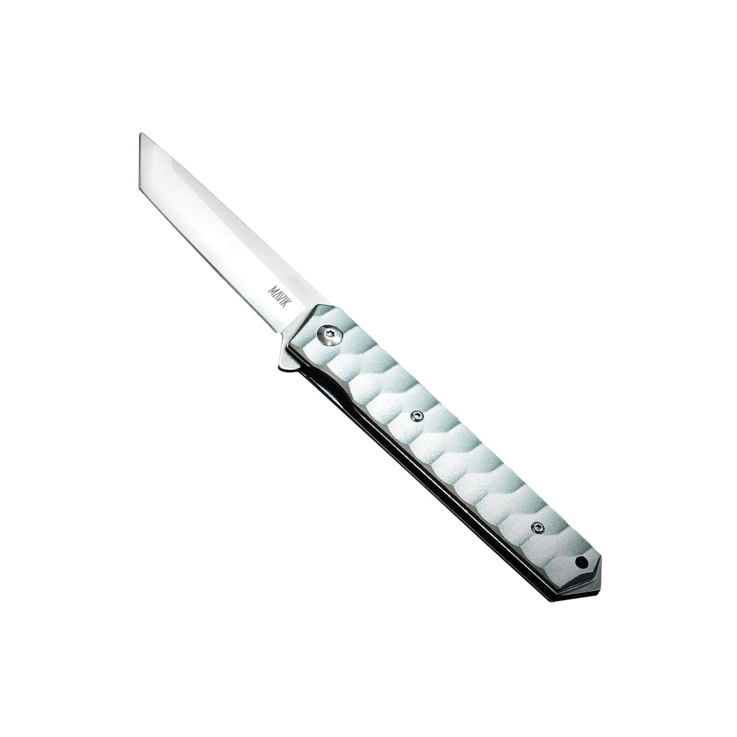 Folding knife Iren from Mavik Gear with D2 steel american tanto blade, Aluminum alloy handle, pocket clip, and lanyard hole.