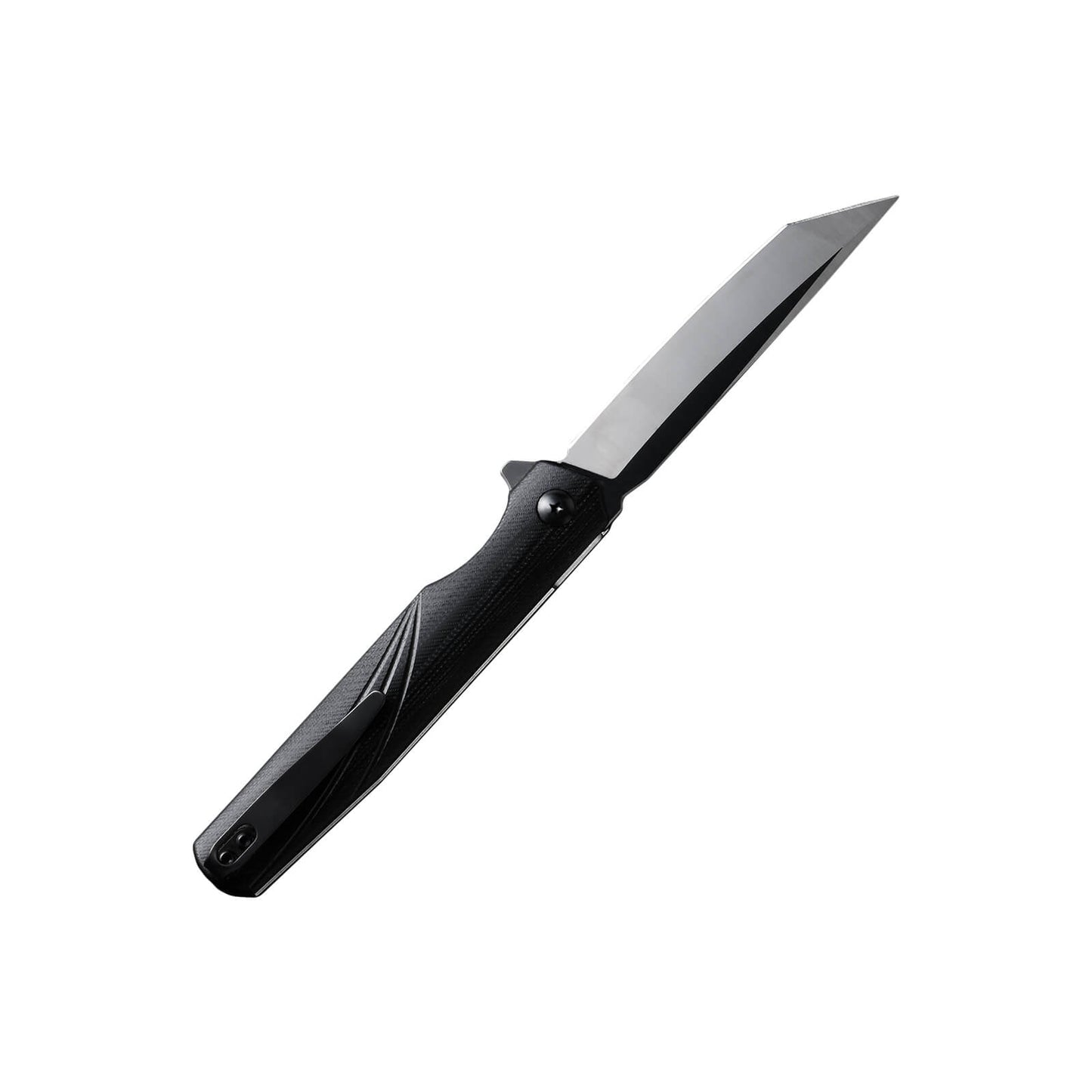 Folding knife Klars from Mavik Gear with D2 steel american tanto blade, black textured G10 handle, and pocket clip.