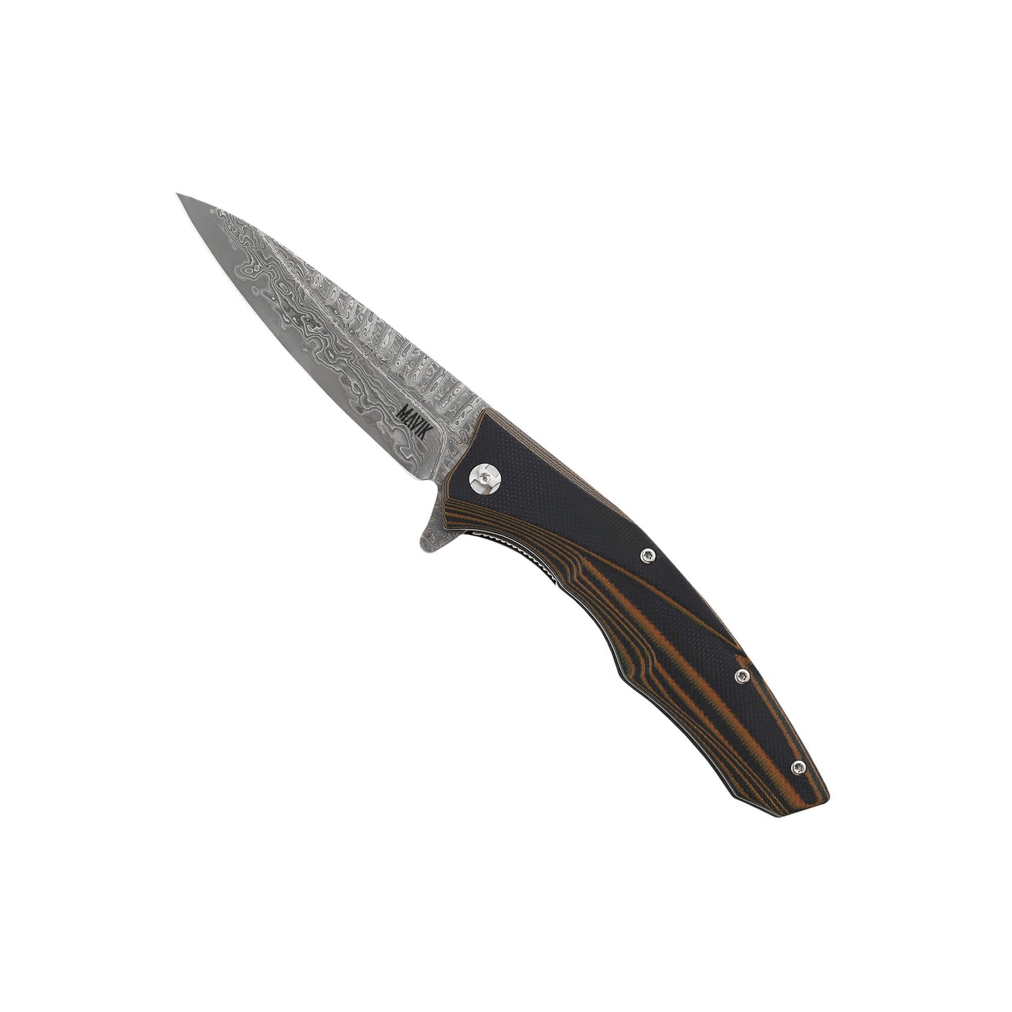 Folding knife Lazer from Mavik Gear with extra-long drop point blade, ergonomic textured G10 handle, and silver pocket clip.
